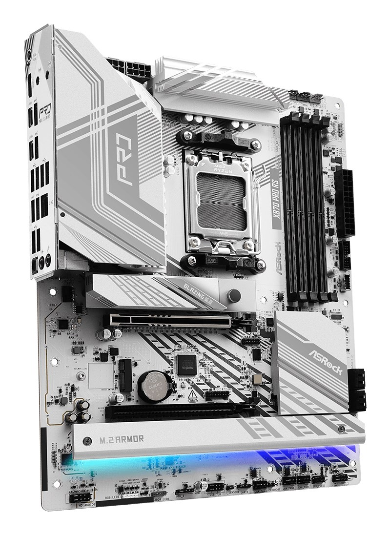 Biała płyta główna ASRock X870 Pro RS ze srebrnymi radiatorami i czarnymi gniazdami RAM.