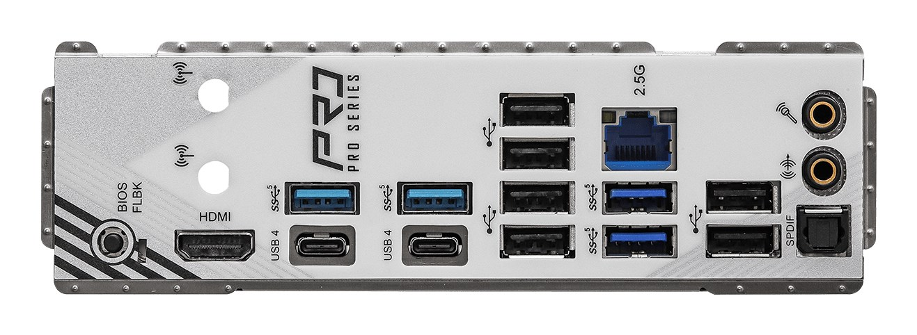 Tylny panel I/O płyty głównej z portami USB, HDMI, LAN i audio, oznaczony jako Pro Series.