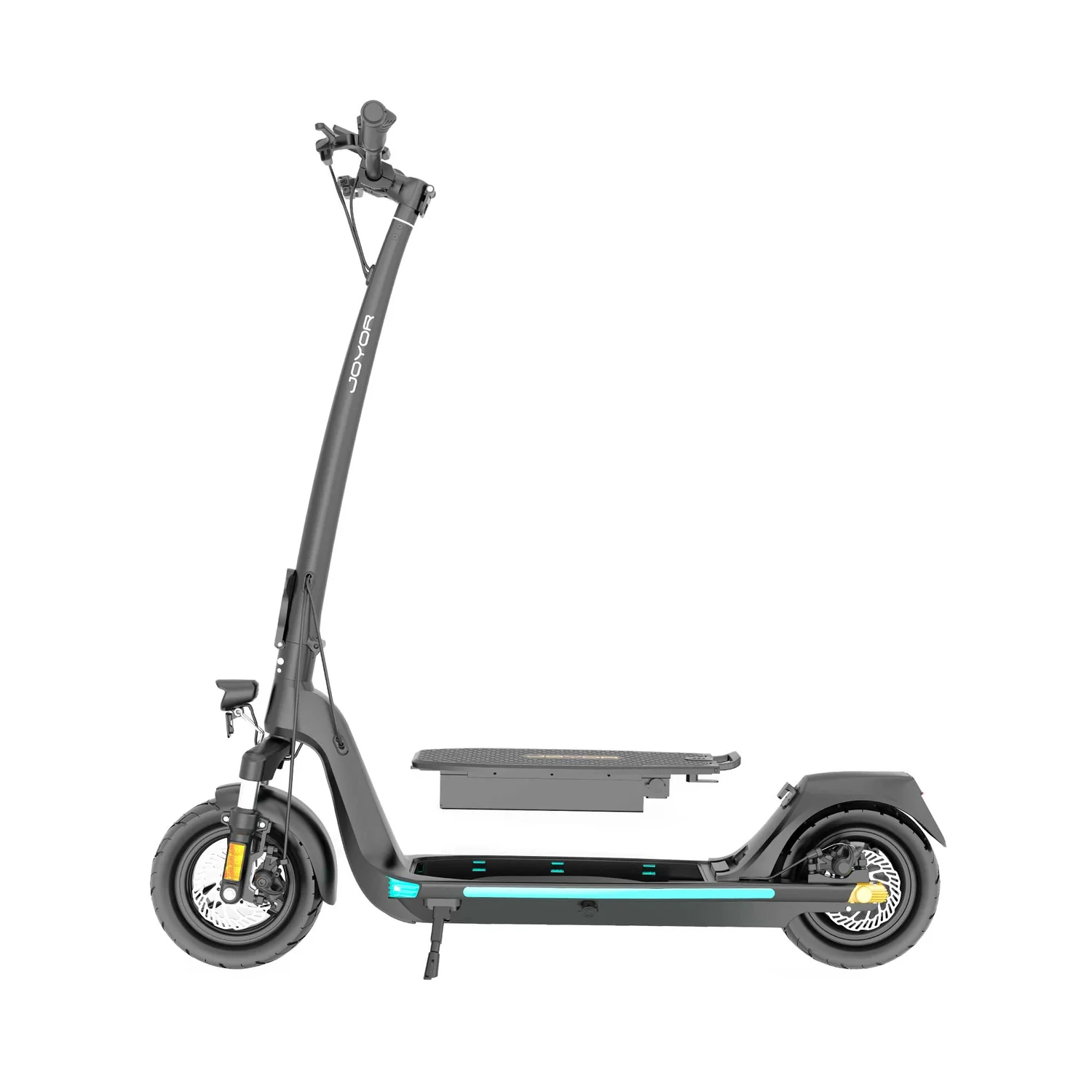 Un monopattino elettrico Joyor grigio con batteria rimovibile e illuminazione laterale blu.