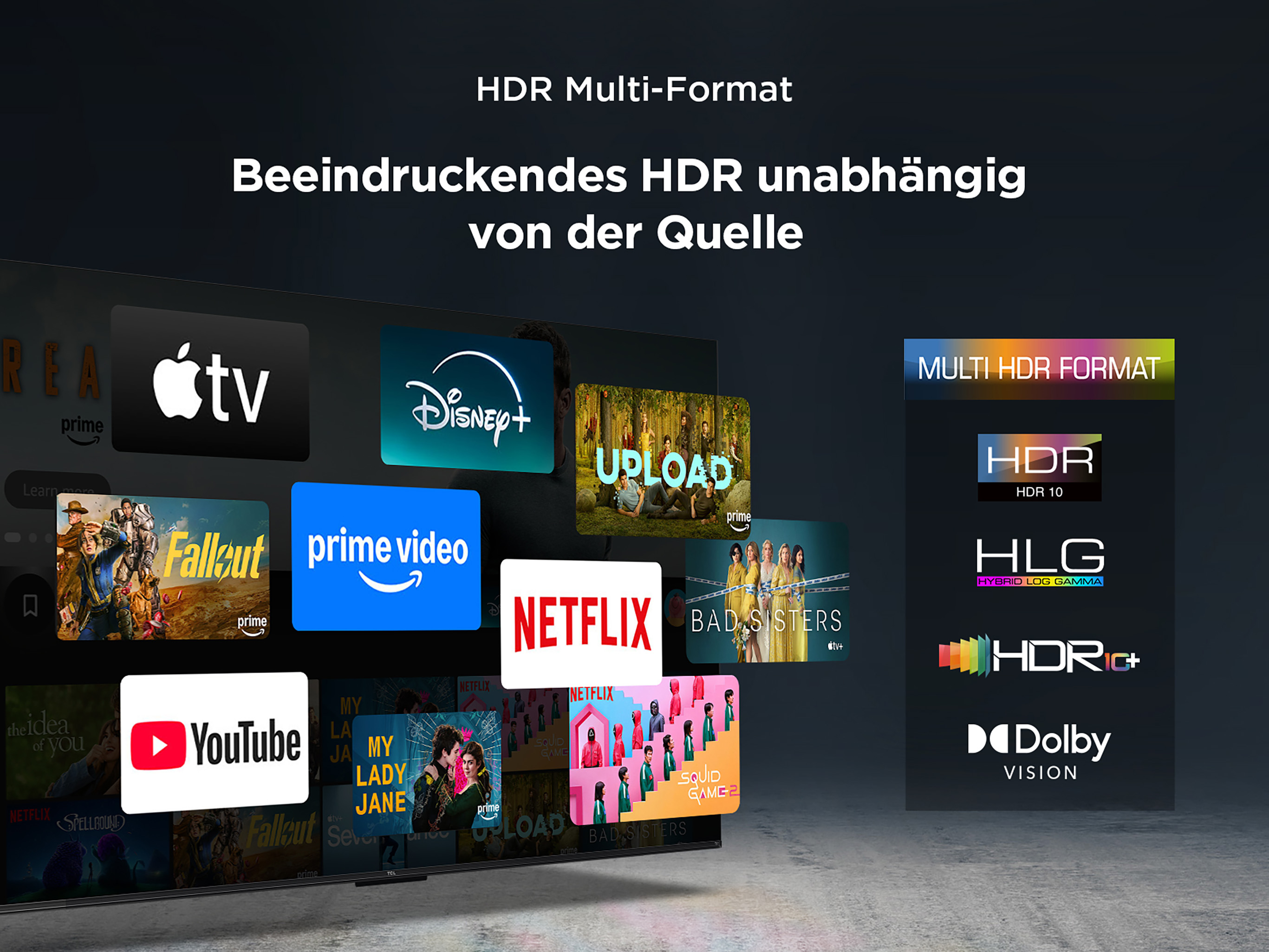 Ein Fernseher zeigt Streaming-App-Logos und HDR-Format-Symbole vor dunklem Hintergrund.