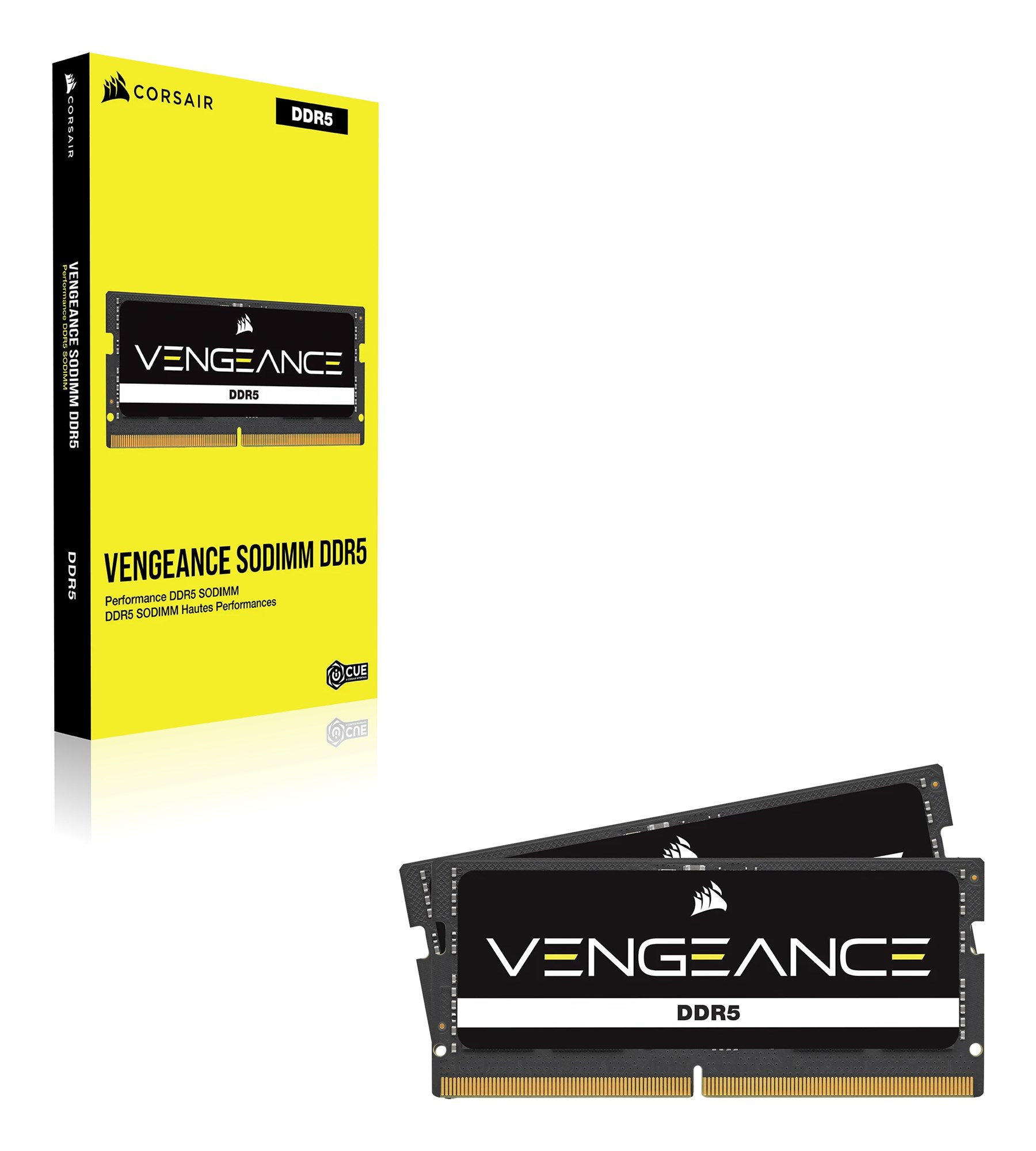 Kości pamięci RAM Corsair Vengeance DDR5 SODIMM z żółto-czarnym pudełkiem na białym tle.