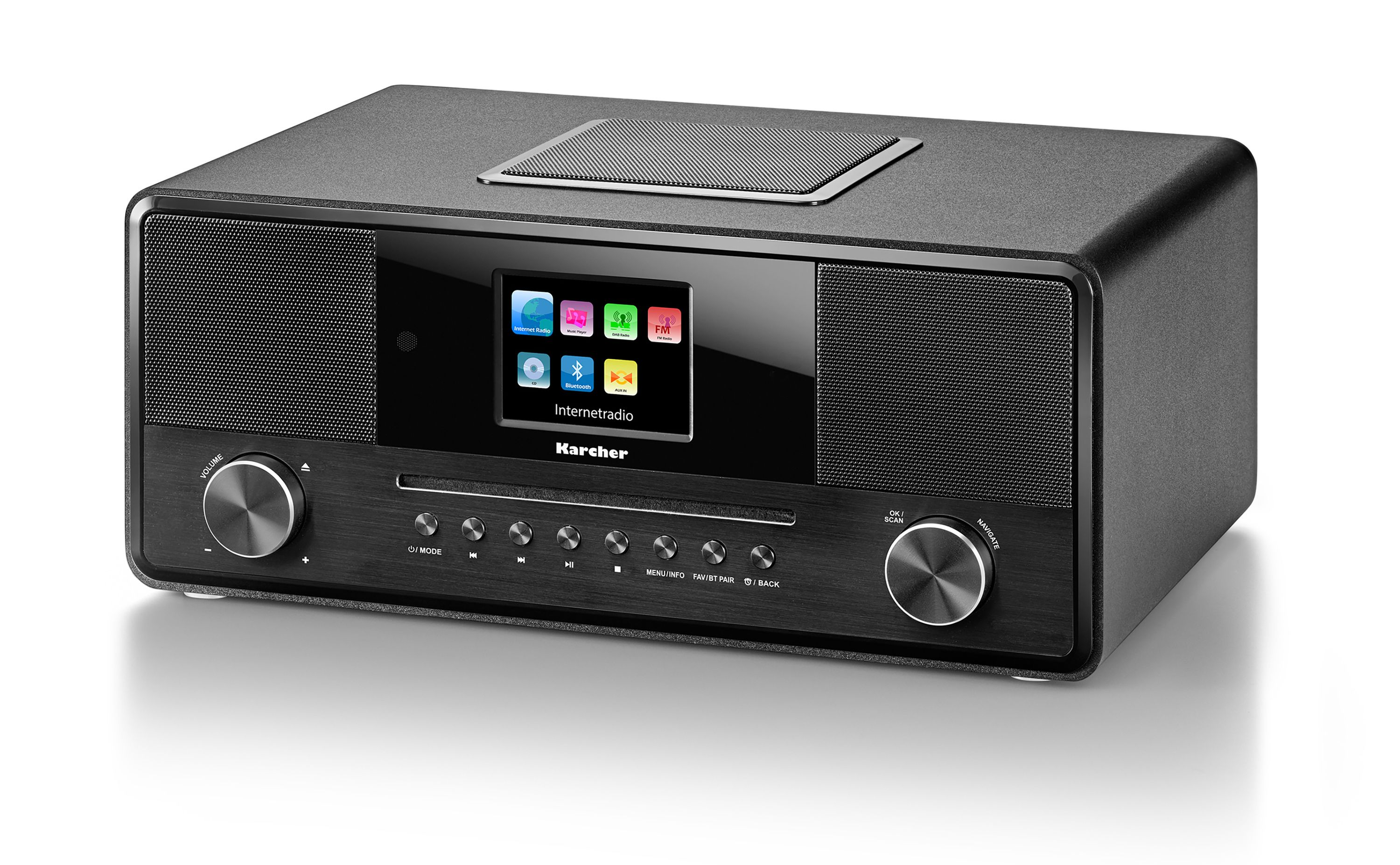 Ein schwarzes Karcher Digitalradio mit Farbdisplay, Lautsprechern, Drehreglern und Tasten.