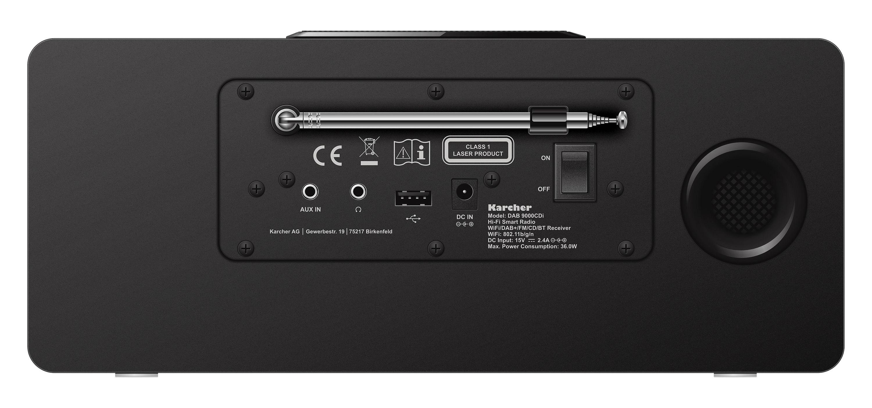 Rückseite eines schwarzen Karcher DAB 9000CDi Radios mit Antenne, Anschlüssen und Produktinformationen.