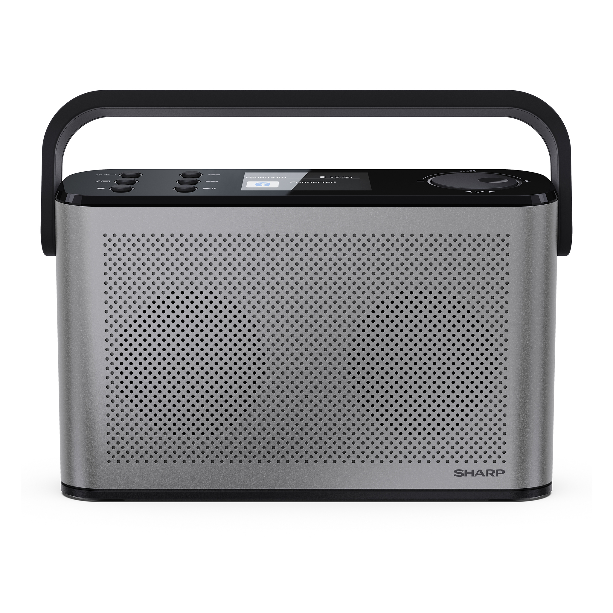 Grauer Sharp-Bluetooth-Lautsprecher mit schwarzem Griff, Lautsprechergitter und oberem Bedienfeld auf weißem Hintergrund.