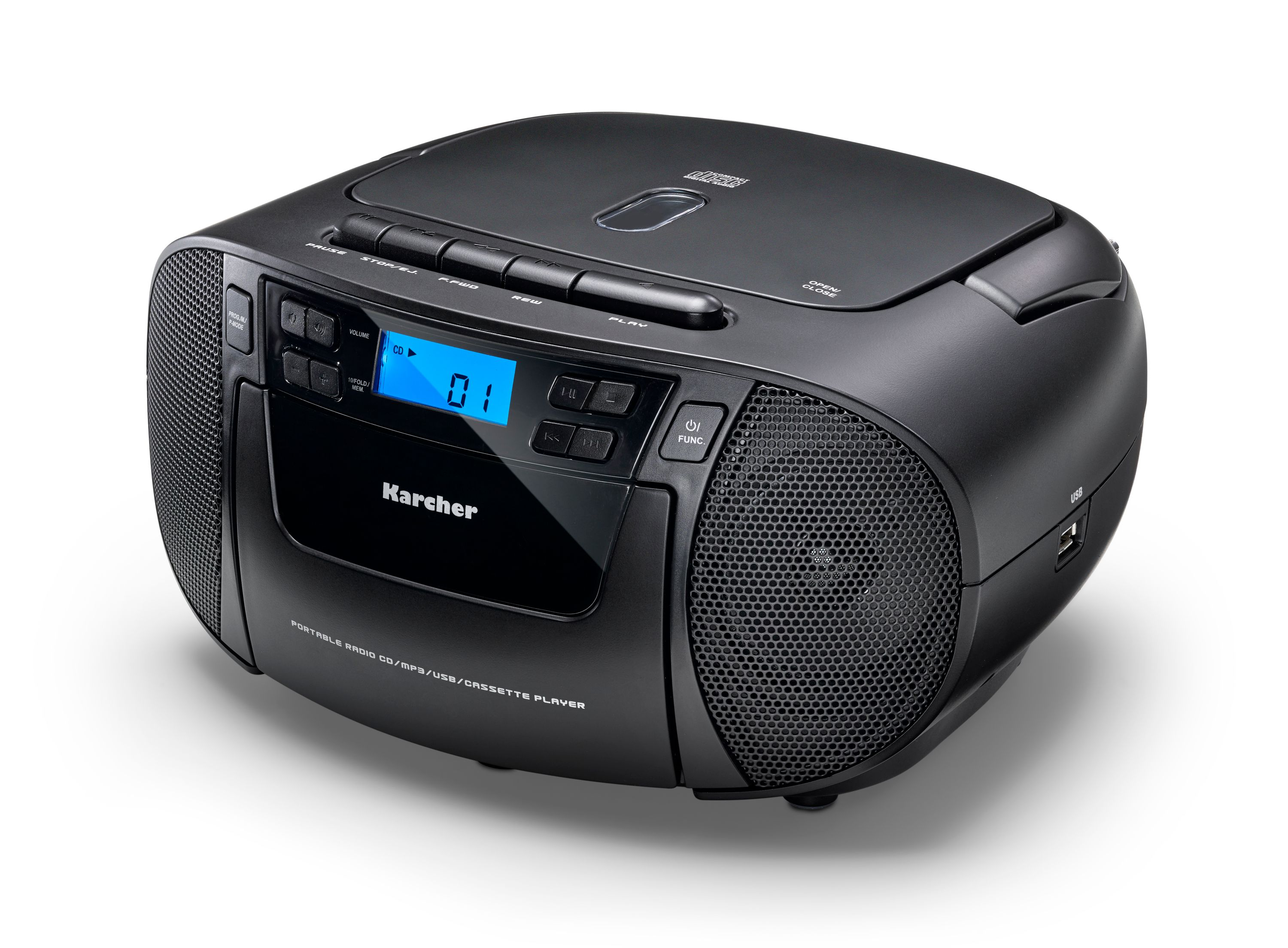 Lettore di cassette USB MP3 CD radio Karcher portatile nero con display digitale e altoparlanti.