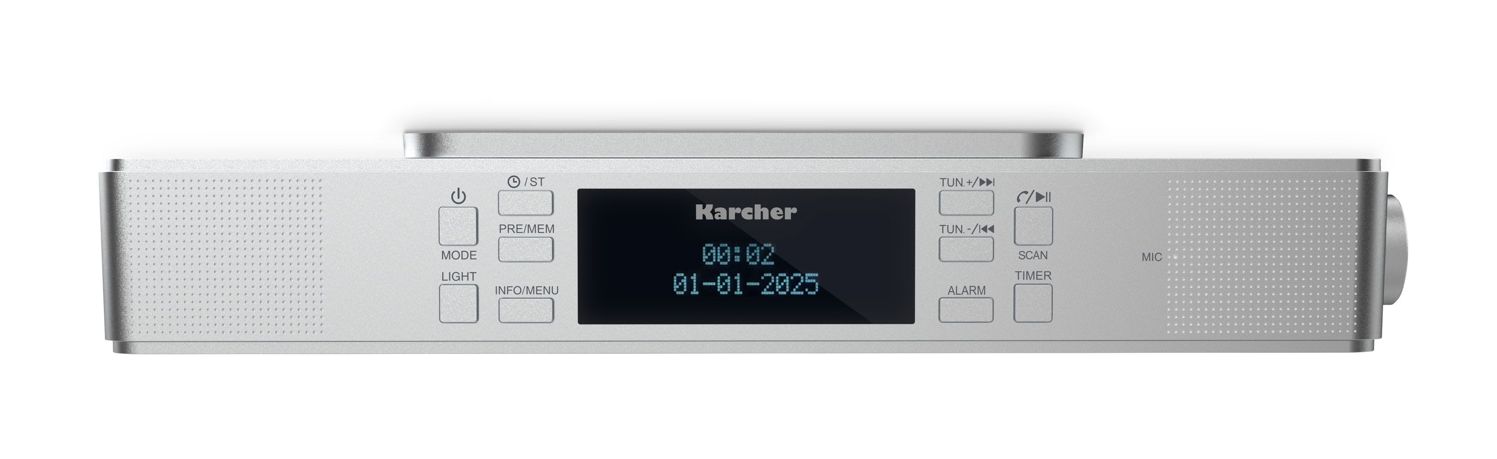Frontalansicht eines silbernen Karcher Digitalradios mit LCD-Display und Bedienelementen.