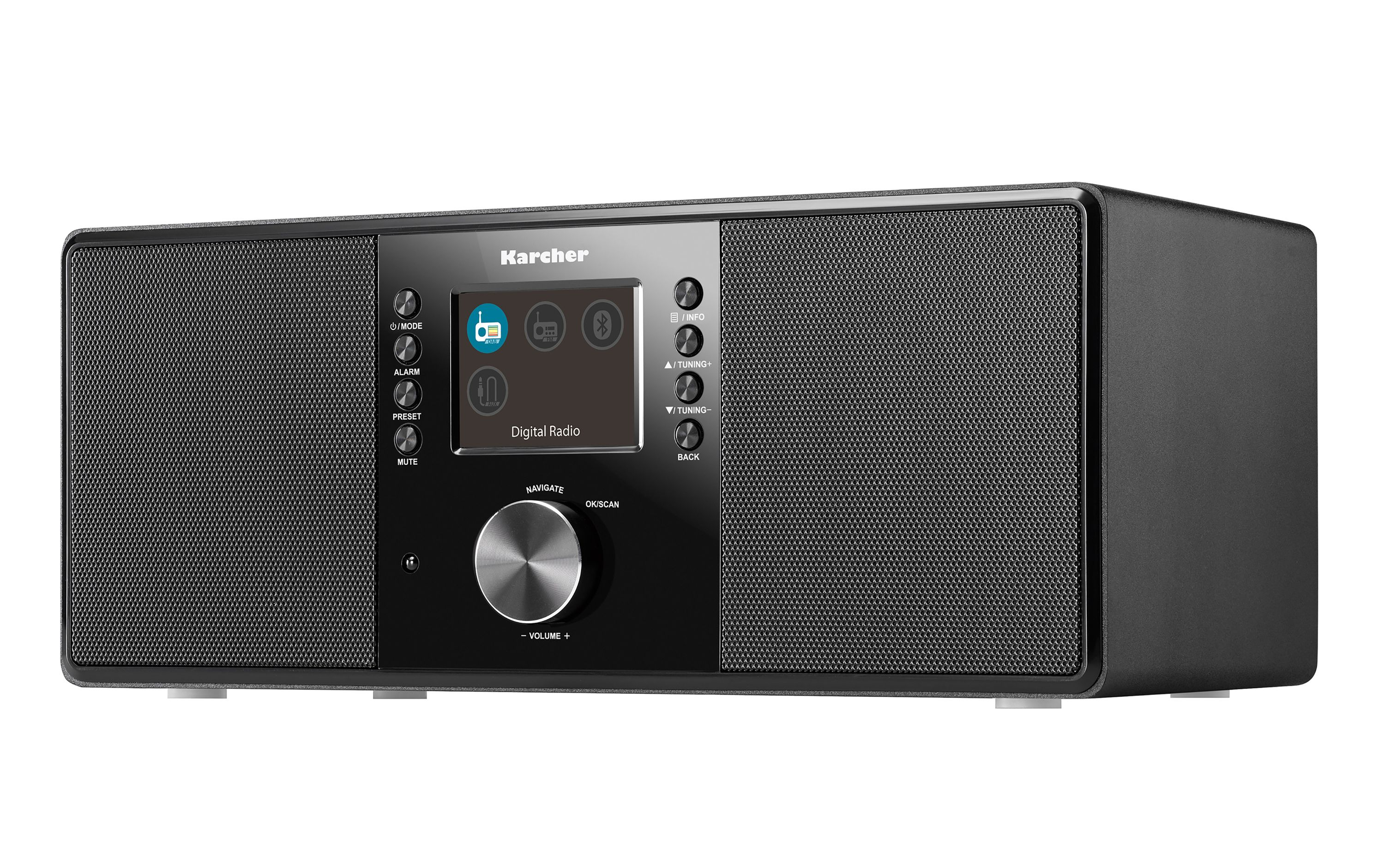 Radio digitale Karcher nera con display centrale, altoparlanti e pulsanti di controllo rotondi su sfondo bianco.