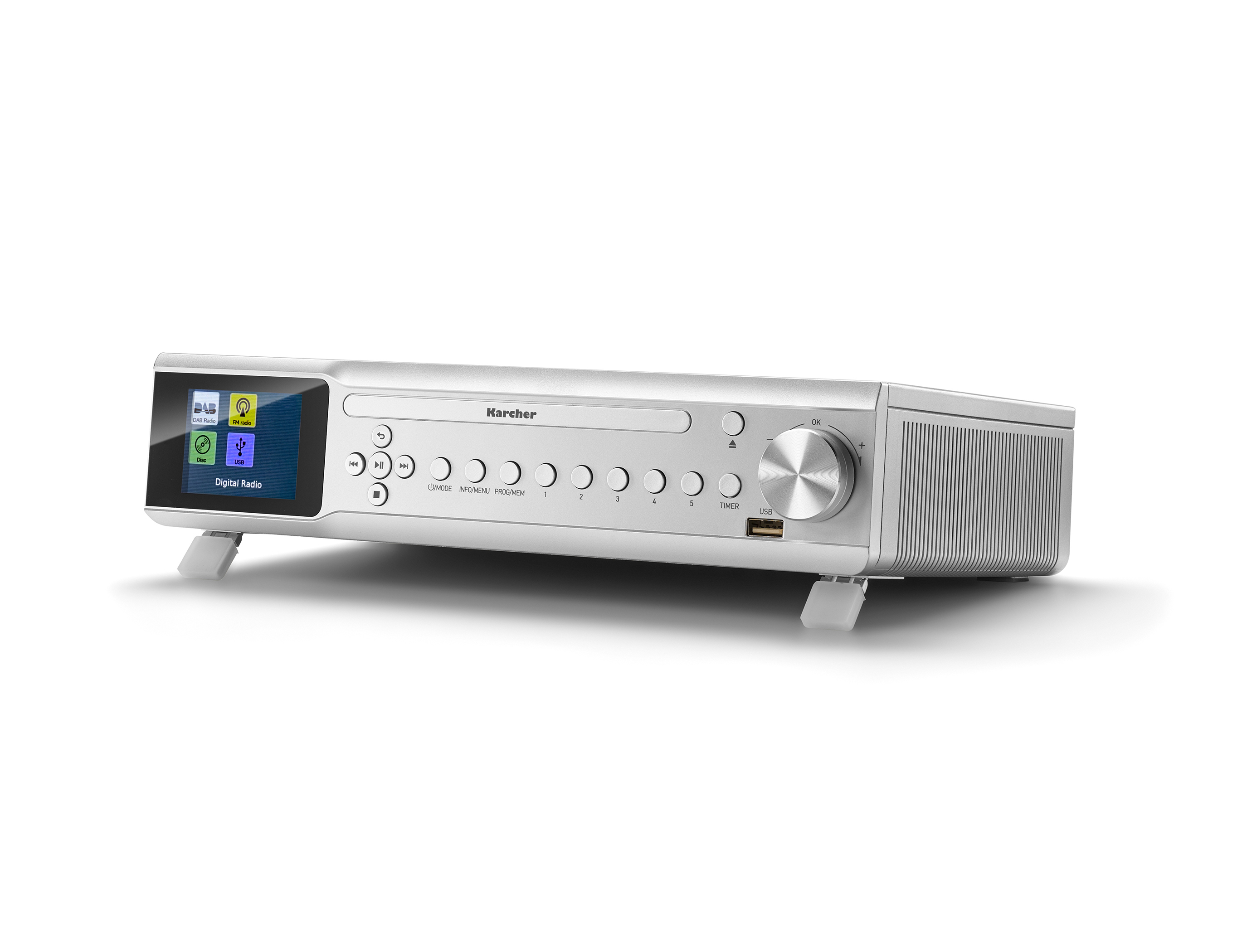 Silberner Karcher CD-Receiver mit Display, Tasten, großem Drehregler und USB-Anschluss.