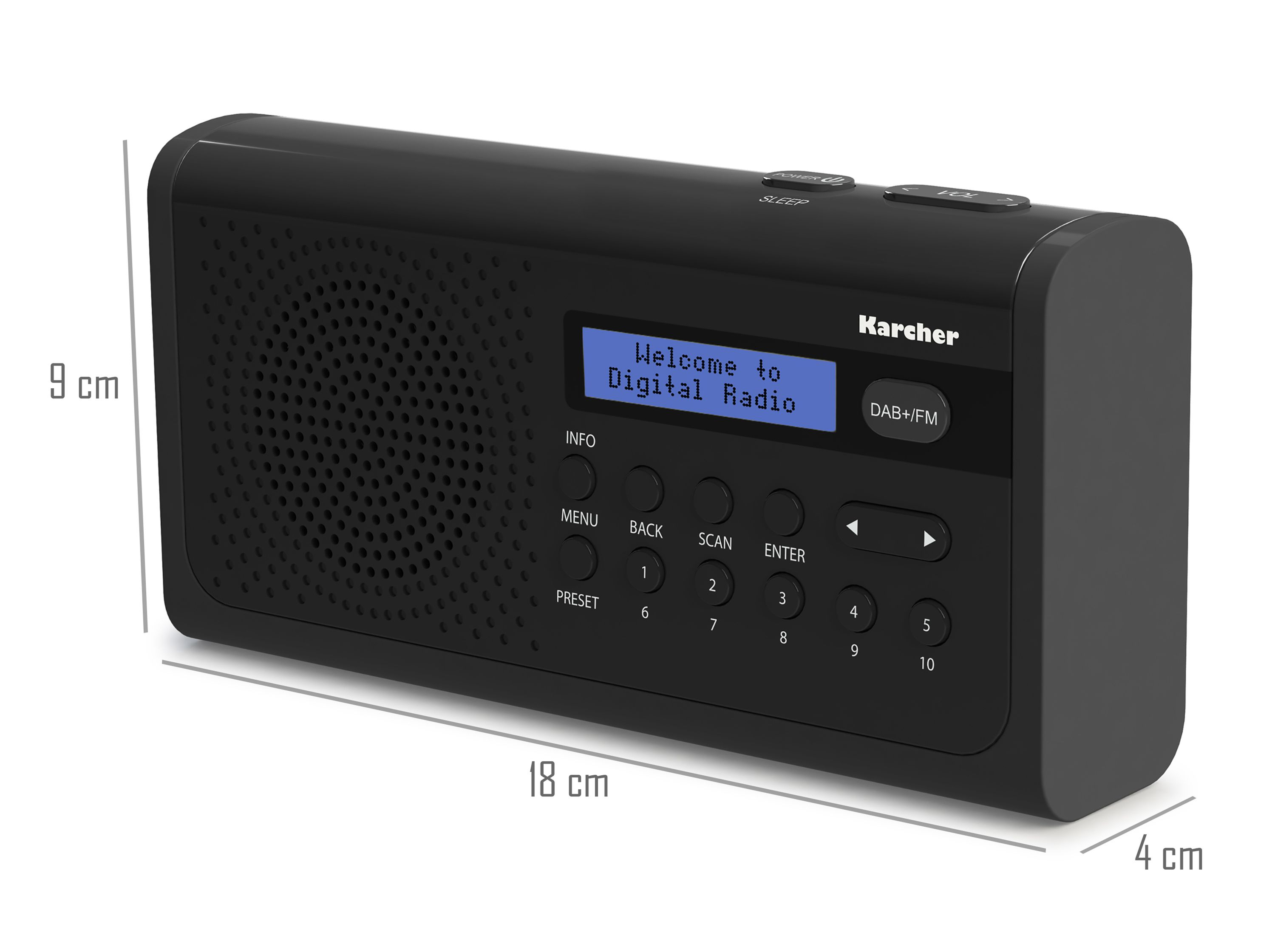 Radio digitale Karcher nera con schermo LCD blu, pulsanti ed etichette con dimensioni in centimetri su sfondo bianco.