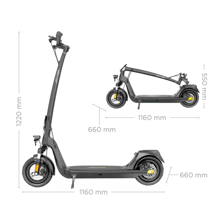 Schema di un monopattino elettrico nero con le dimensioni indicate sia aperto che chiuso.