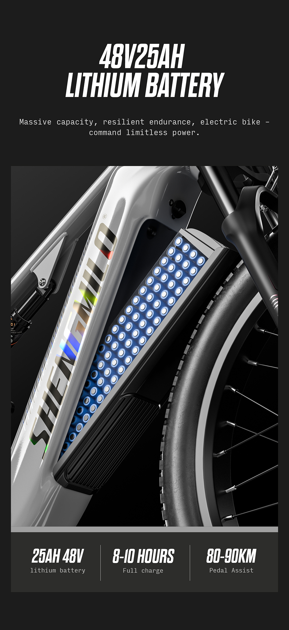 Primo piano della batteria di una e-bike Shengmilo con testo 48V25Ah Lithium Battery.