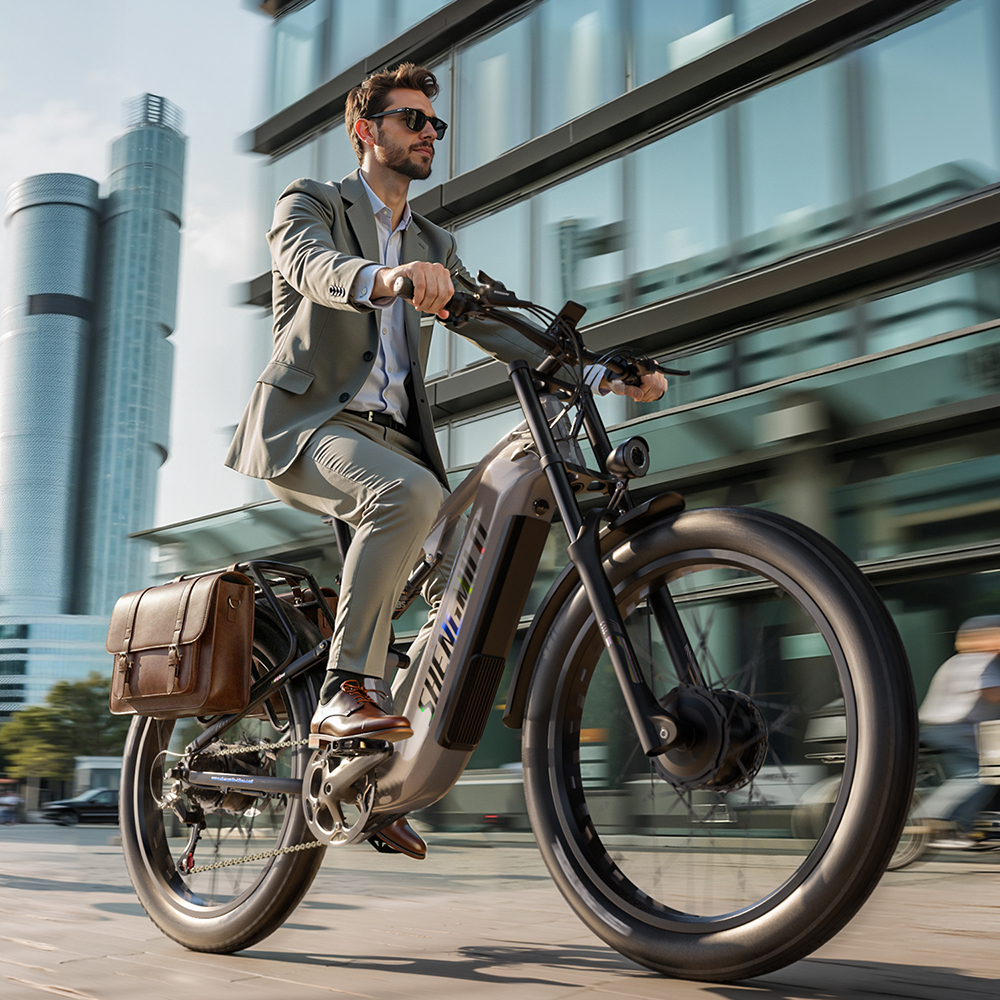 Un hombre con traje gris y gafas de sol monta en bicicleta eléctrica frente a rascacielos de cristal.