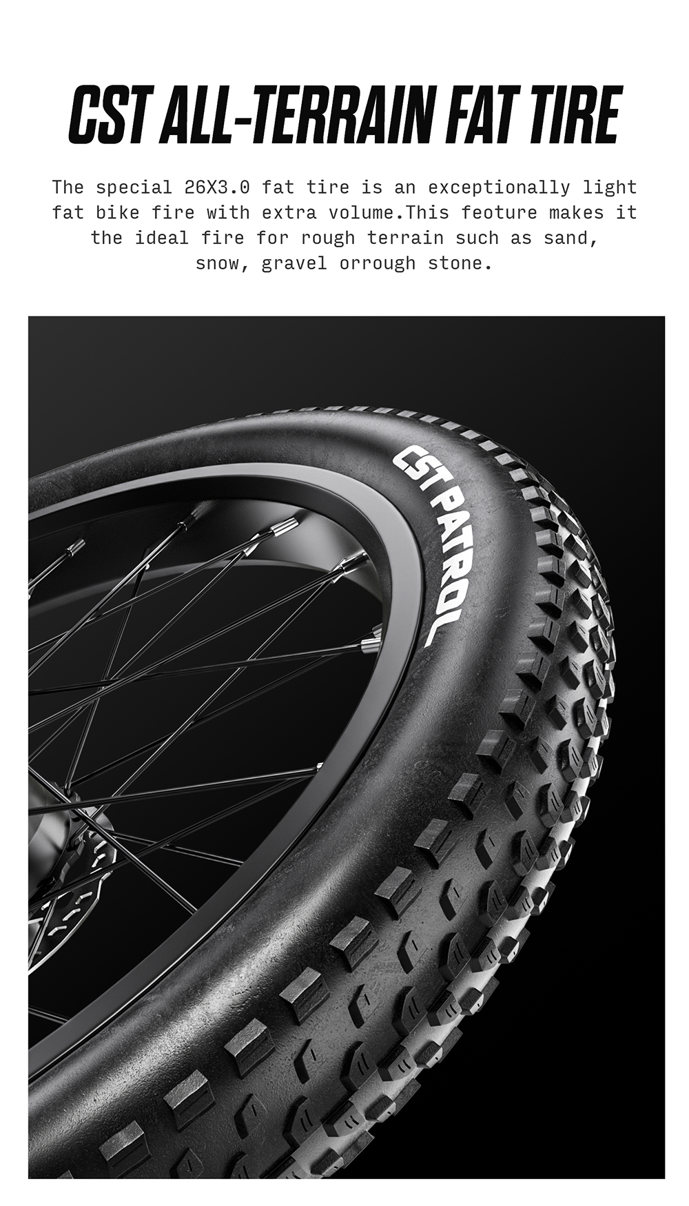 Primo piano di uno pneumatico CST Patrol per fat bike con tasselli profondi su sfondo nero.