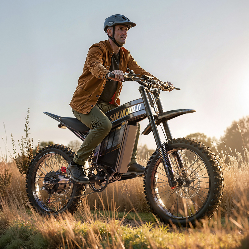 Un hombre conduce una moderna moto eléctrica Shengmilo entre hierba alta bajo el sol.