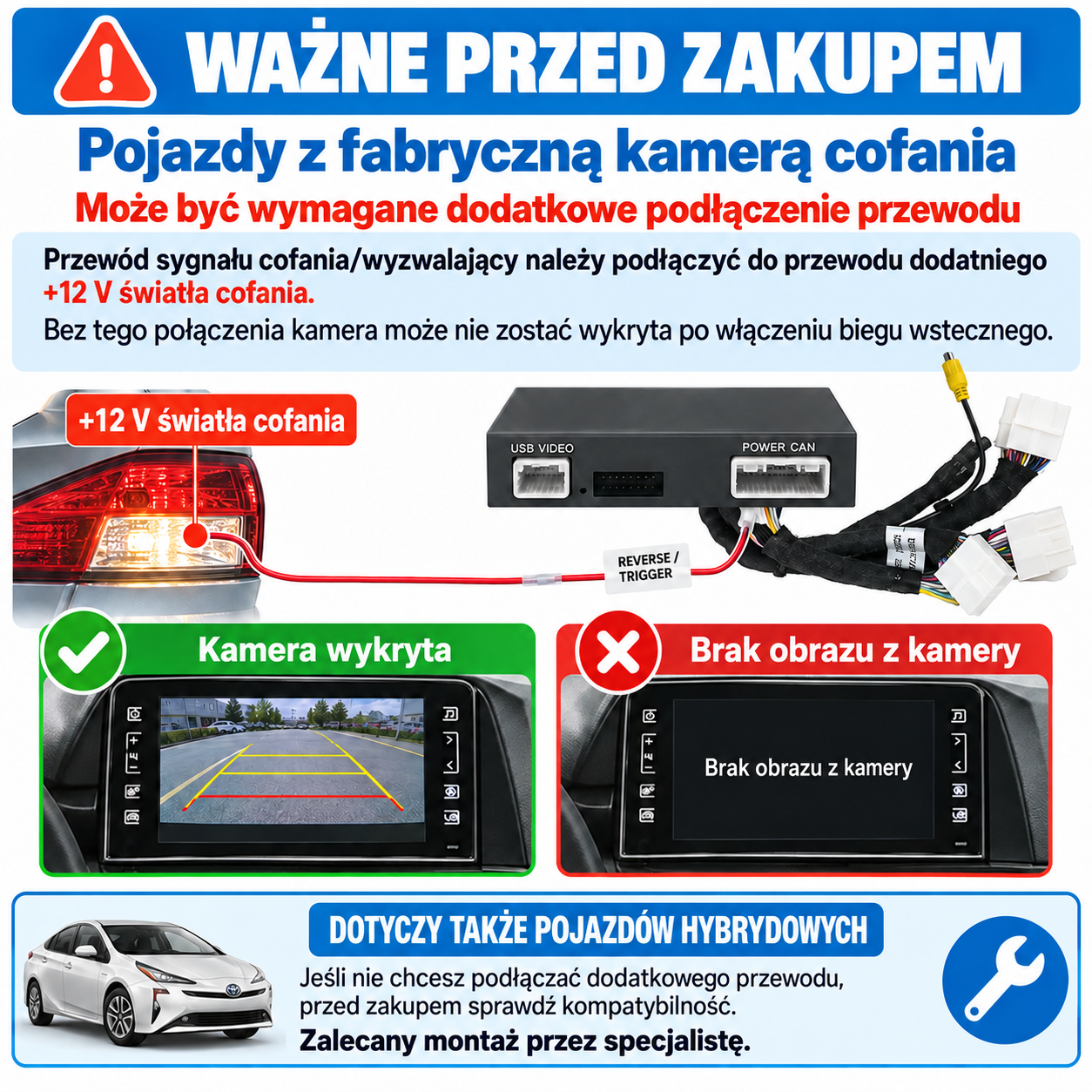 Schemat przedstawia podłączenie kamery cofania z modułem, okablowaniem i przykładami ekranu.