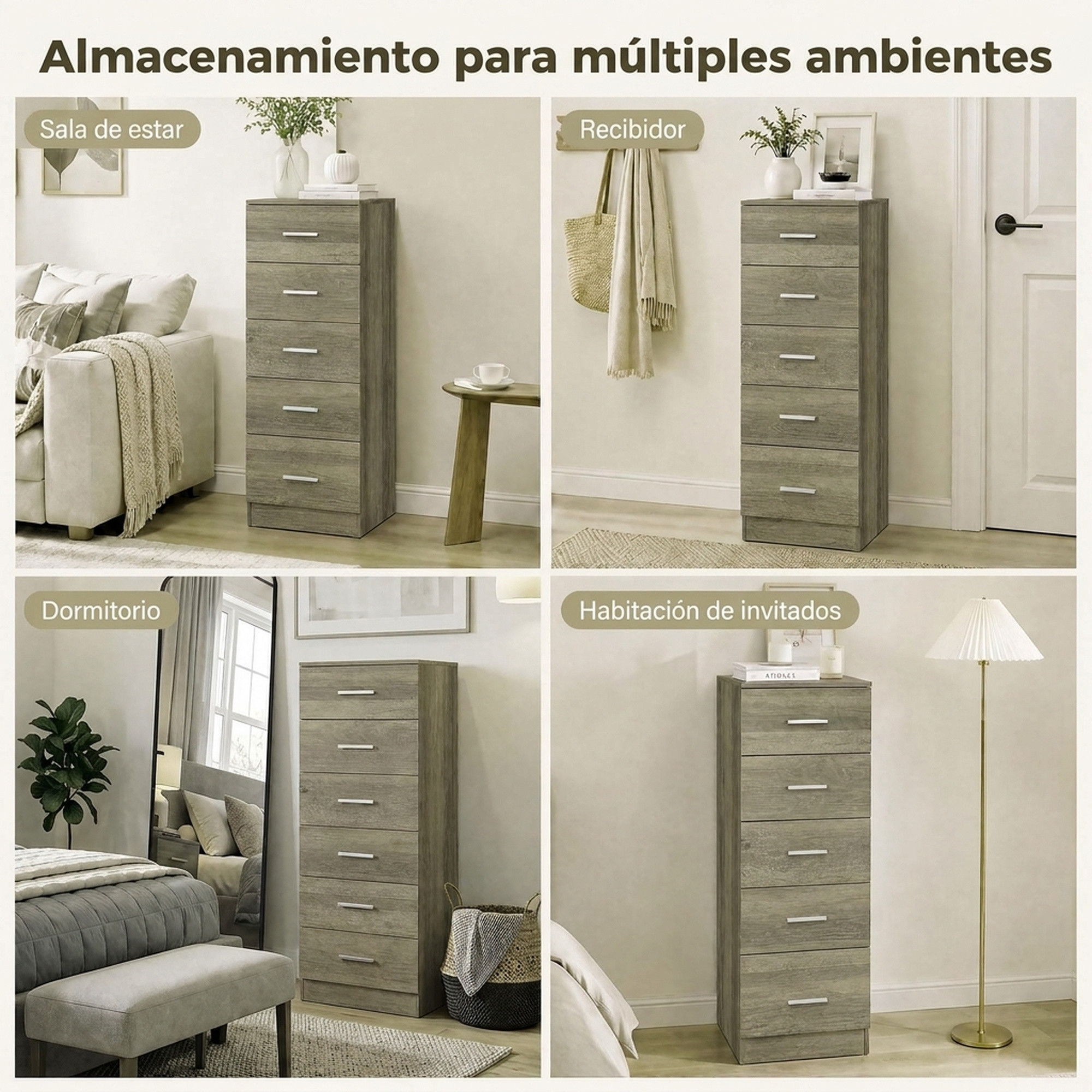 Cómoda de madera gris de seis cajones mostrada en cuatro estancias: sala de estar, recibidor, dormitorio y habitación.