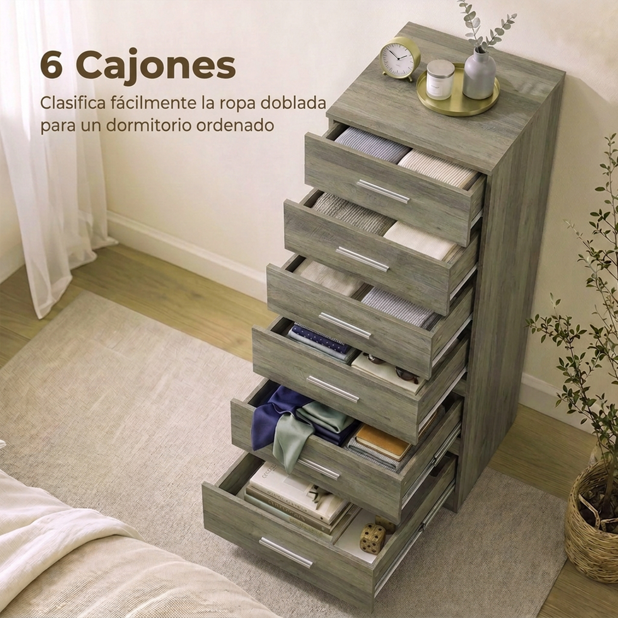 Una cómoda gris de seis cajones abiertos con ropa doblada se encuentra en una habitación.
