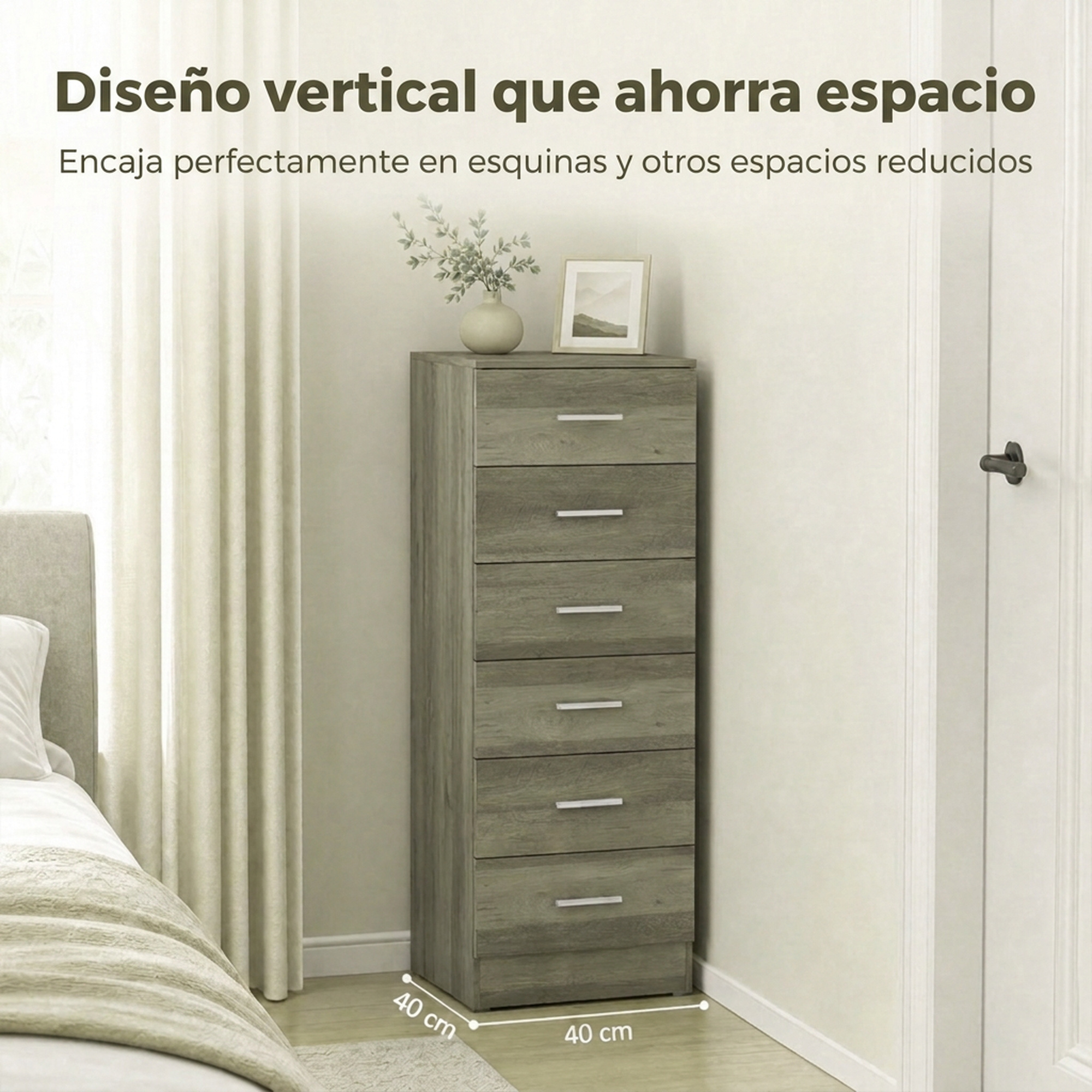 Cómoda alta de madera gris con seis cajones en la esquina de un dormitorio, con un florero y un marco.