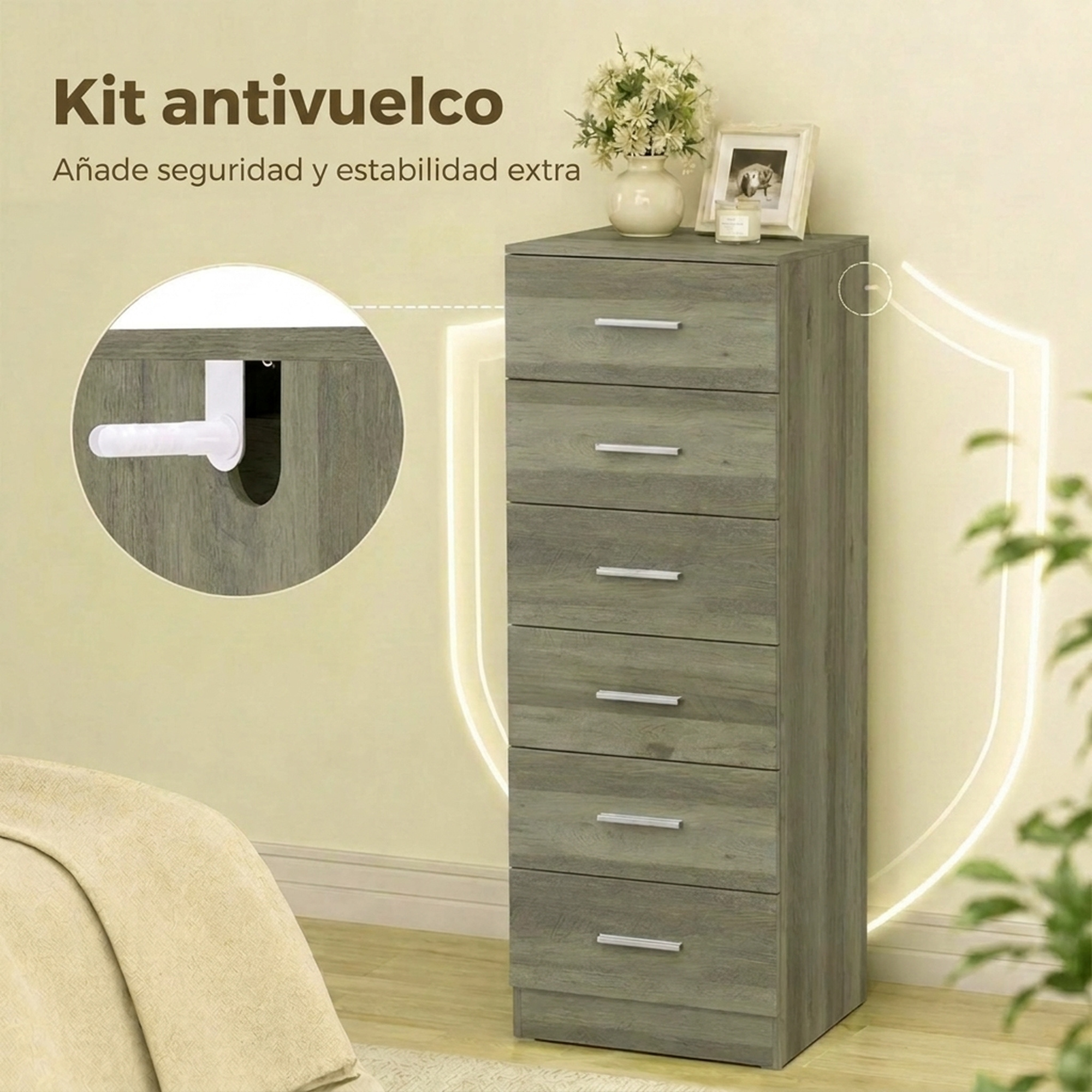 Sinfonier de madera gris con seis cajones y kit antivuelco.
