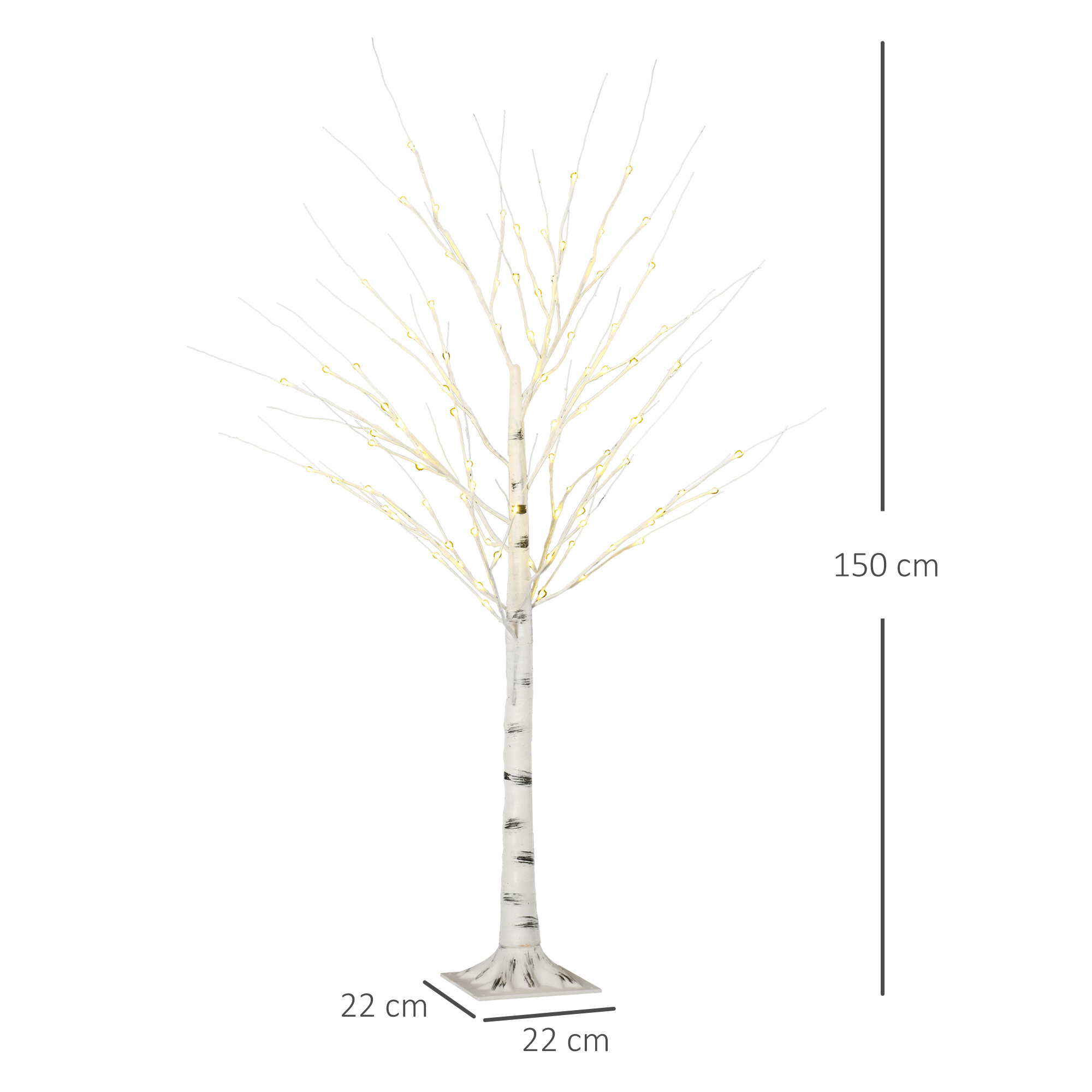 Árbol de abedul decorativo blanco iluminado, 150 cm de alto, sobre una base cuadrada de 22x22 cm.
