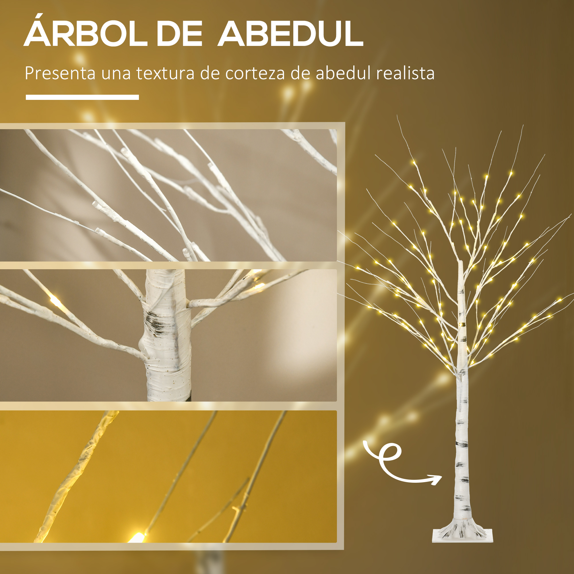 Un árbol de abedul LED blanco con luces cálidas y primeros planos del tronco y ramas.