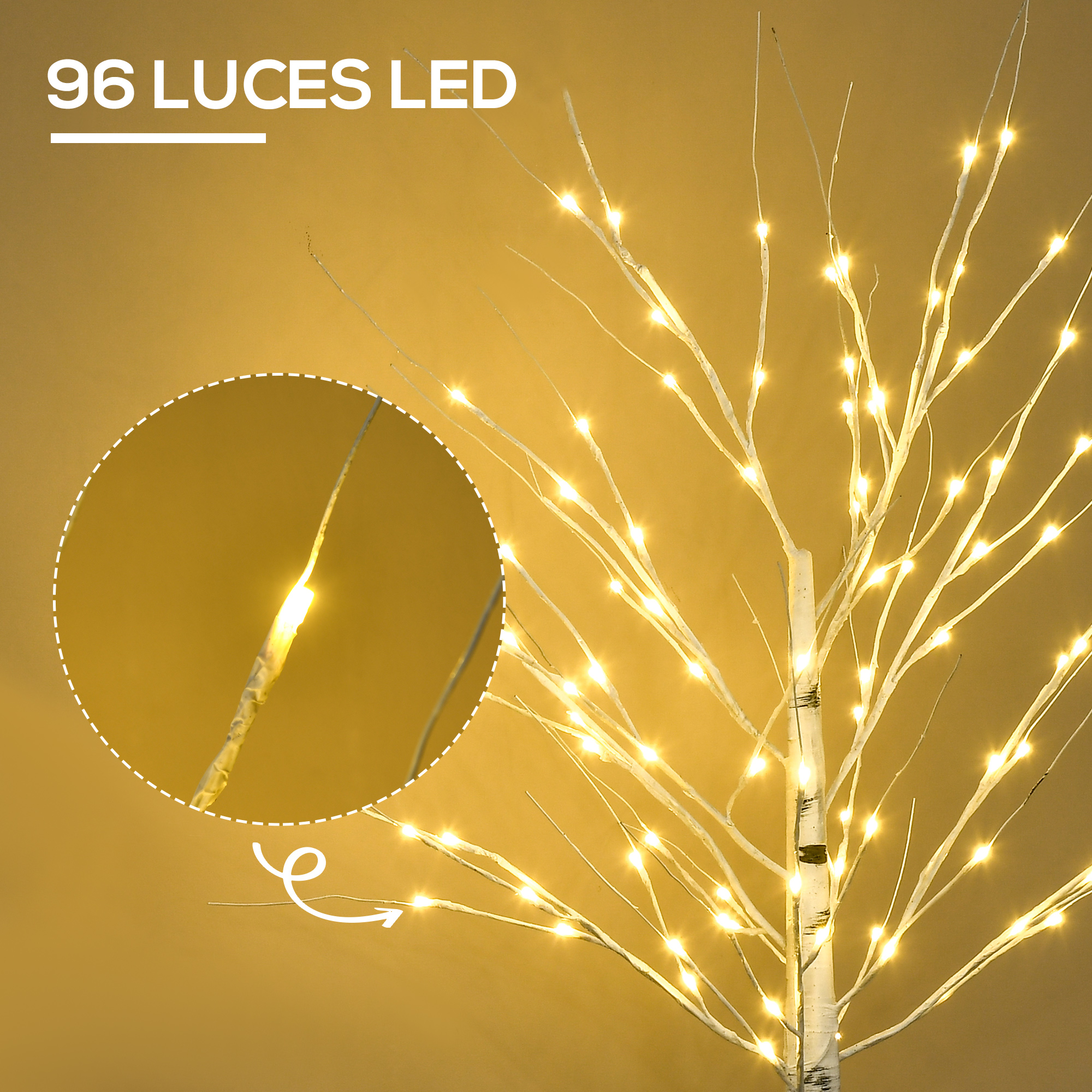 Árbol de ramas blancas iluminado con 96 LED y detalle de una bombilla brillante.