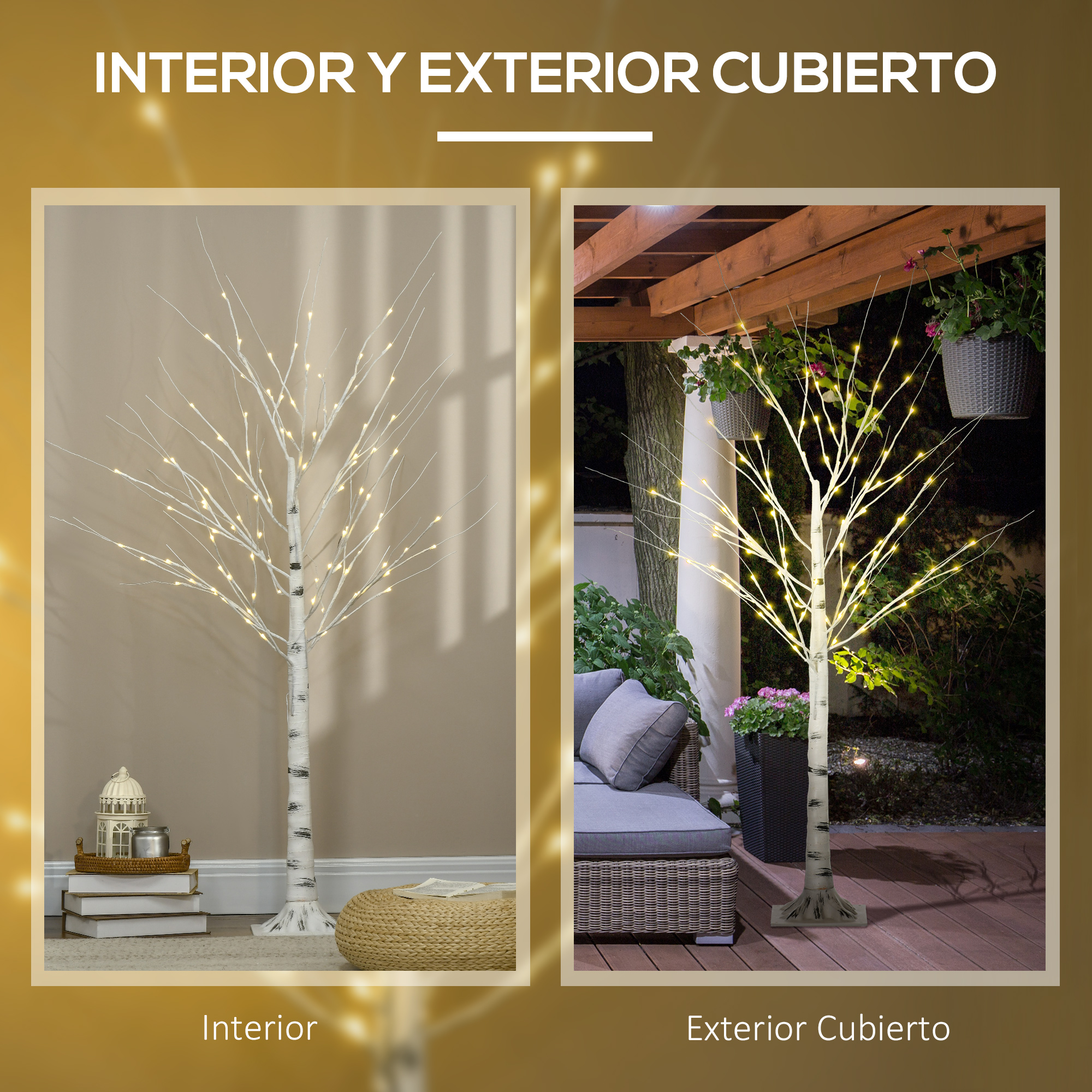 Árbol de abedul iluminado para interiores y exteriores cubiertos con luces LED cálidas.