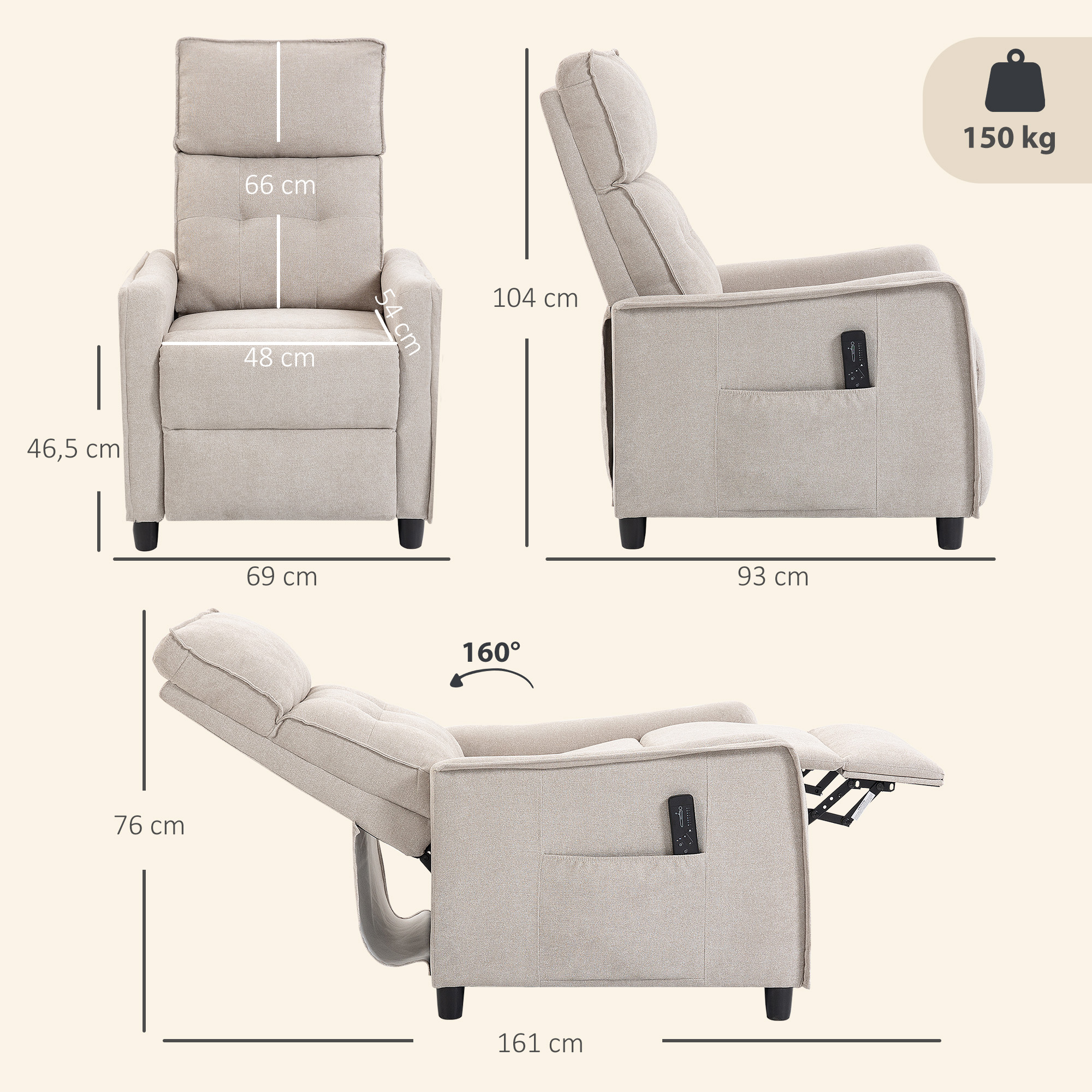 Dibujo técnico de un sillón gris beige con dimensiones, control remoto y 150 kg de capacidad.
