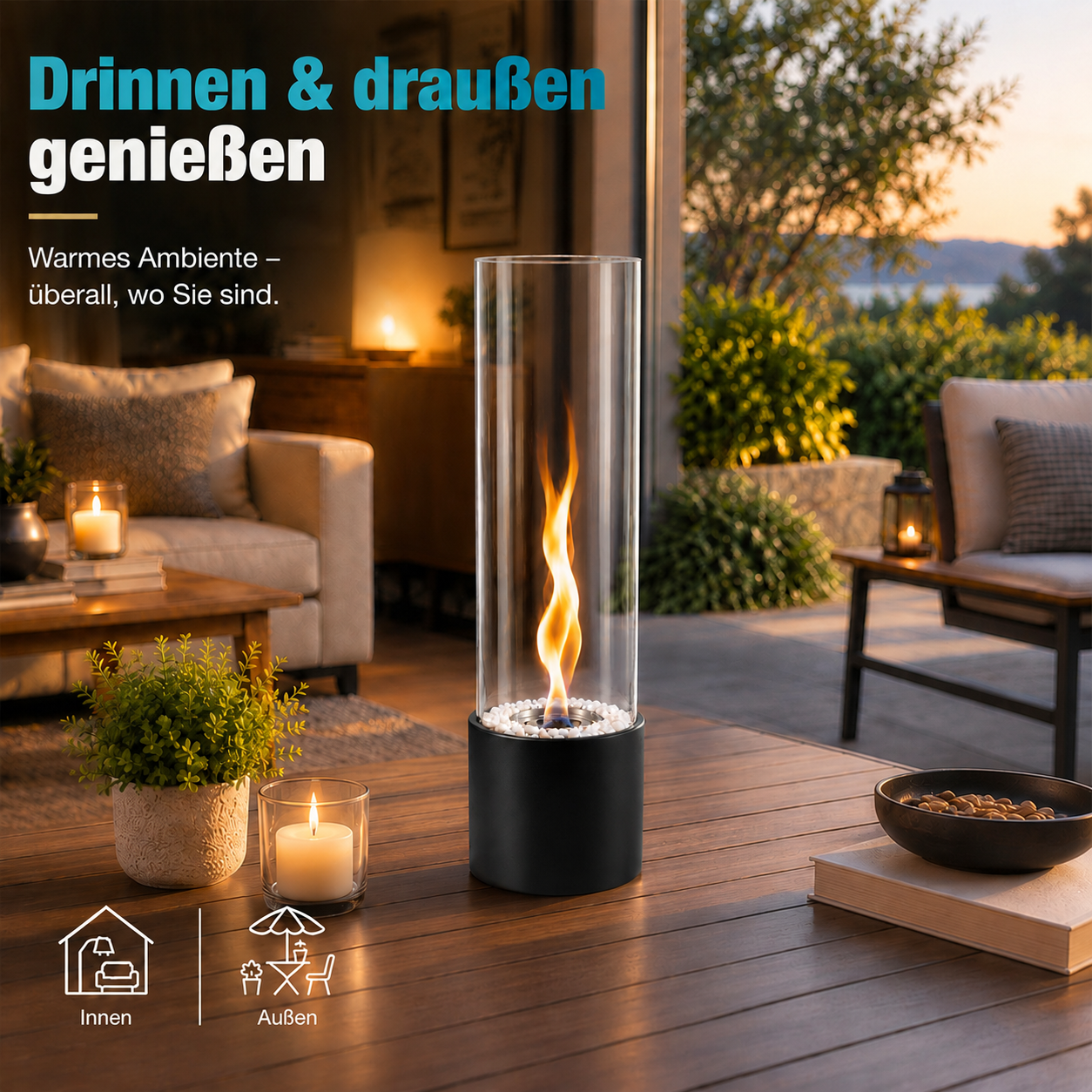 Ein Tischkamin aus Glas brennt mit weißen Steinen auf einem Holztisch mit deutschem Text.