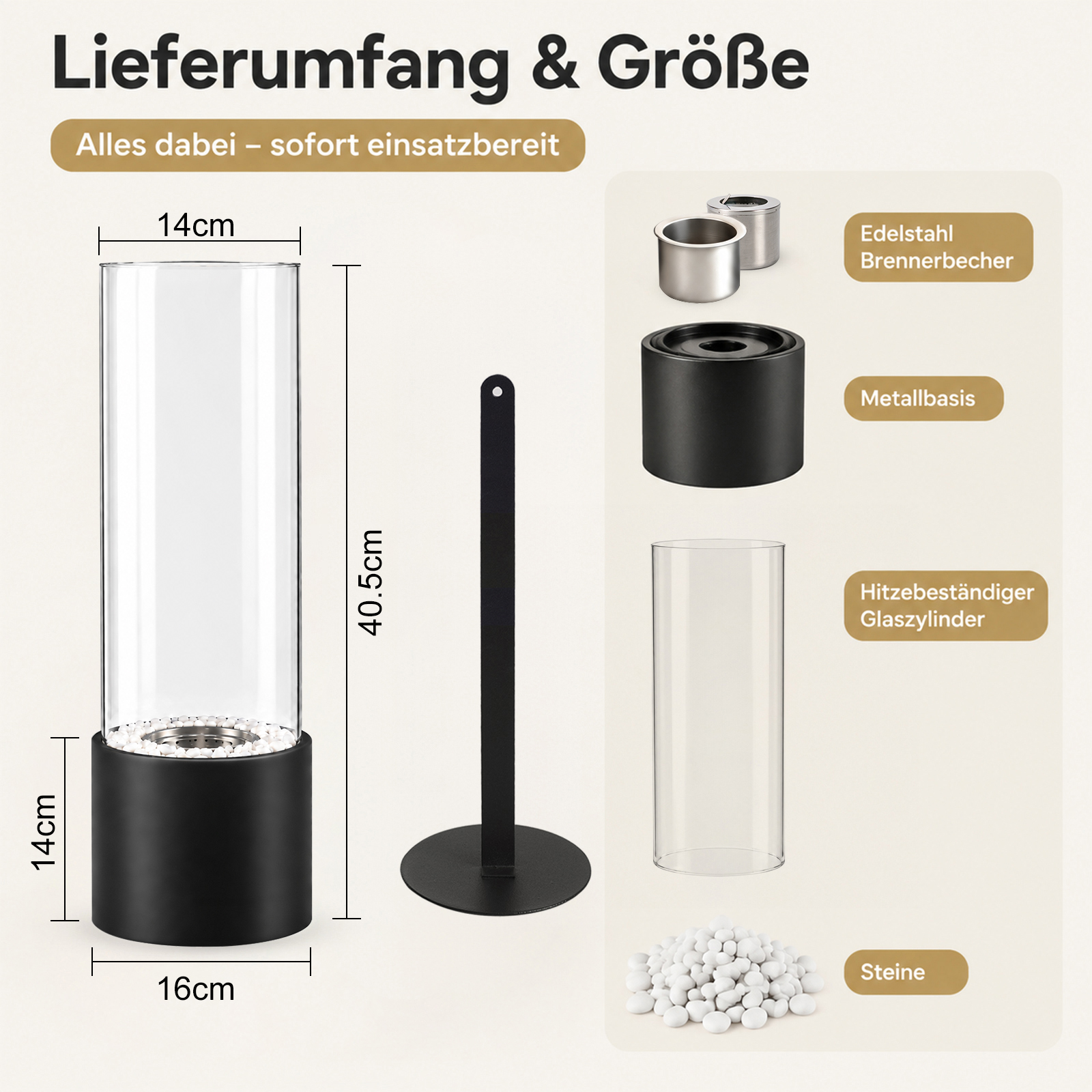Diagramm zeigt die Maße und Einzelteile einer schwarzen Ethanol-Tischfeuerstelle mit Glaszylinder und Steinen.