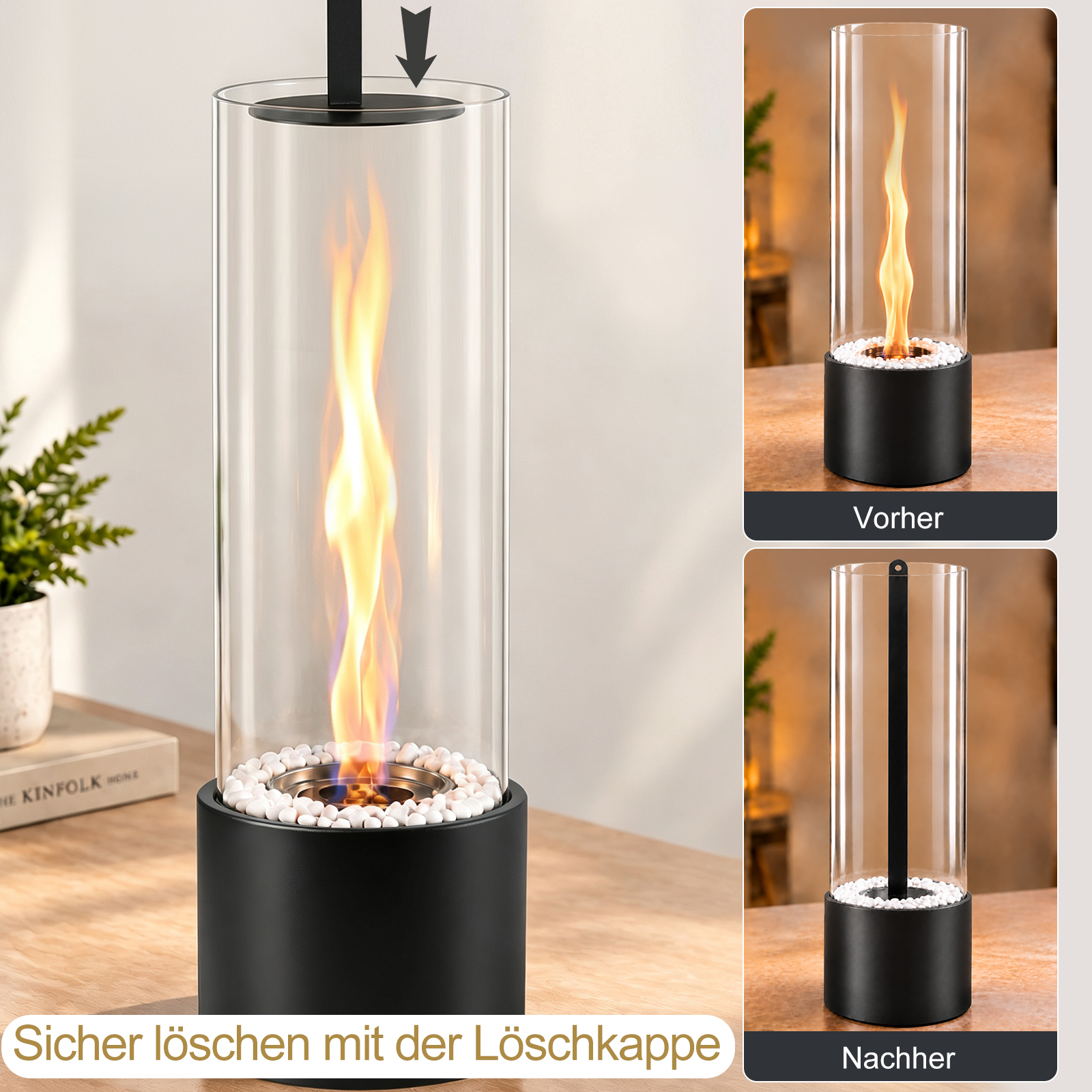 Ein zylindrischer Tischkamin mit Flamme und dekorativen weißen Steinen in einem Glaszylinder auf Holztisch.
