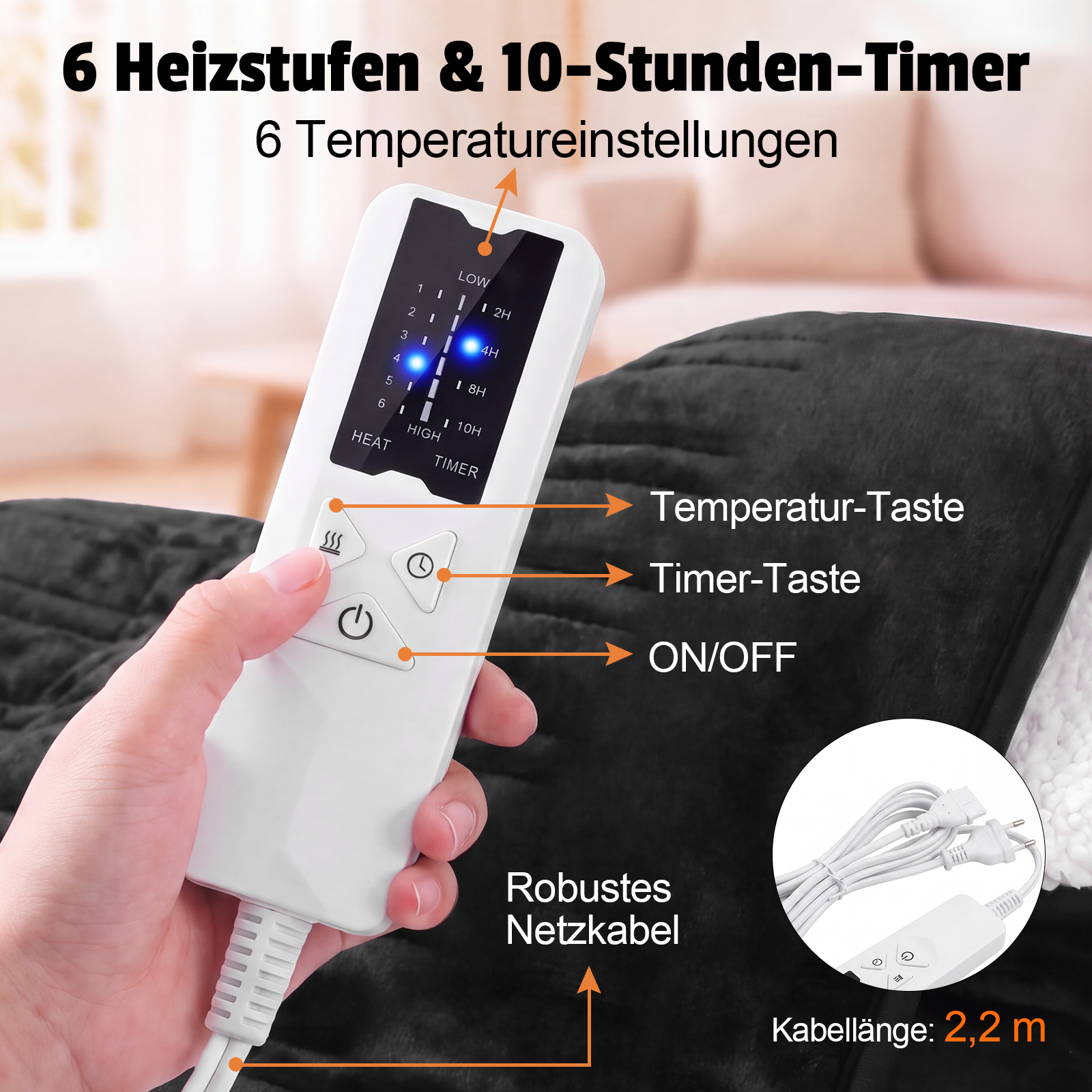 Ręka trzyma biały pilot do poduszki elektrycznej z przyciskami regulacji temperatury, czasu i zasilania.