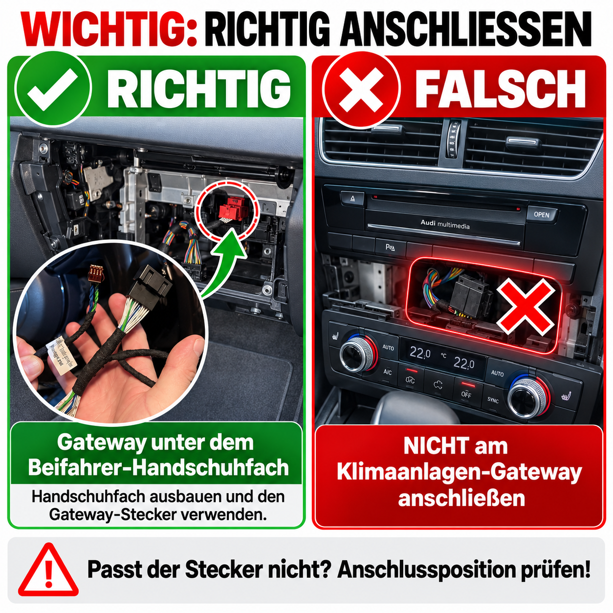 Anleitung zum richtigen Anschließen des Kabelbaums im Auto, links richtig im Handschuhfach, rechts falsch.