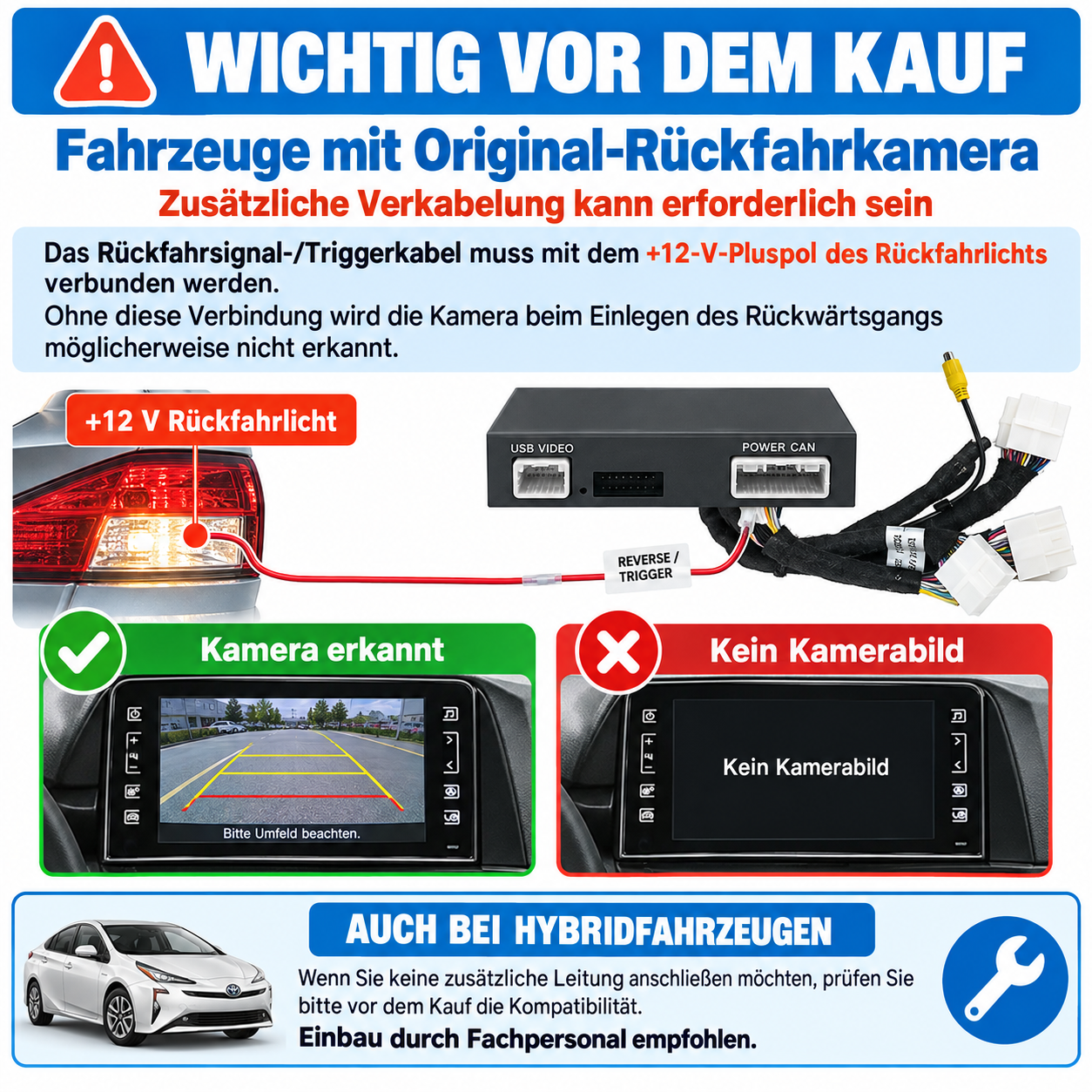 Infografik zeigt die Kabelverbindung der Rückfahrkamera für Fahrzeuge mit Originalkamera.