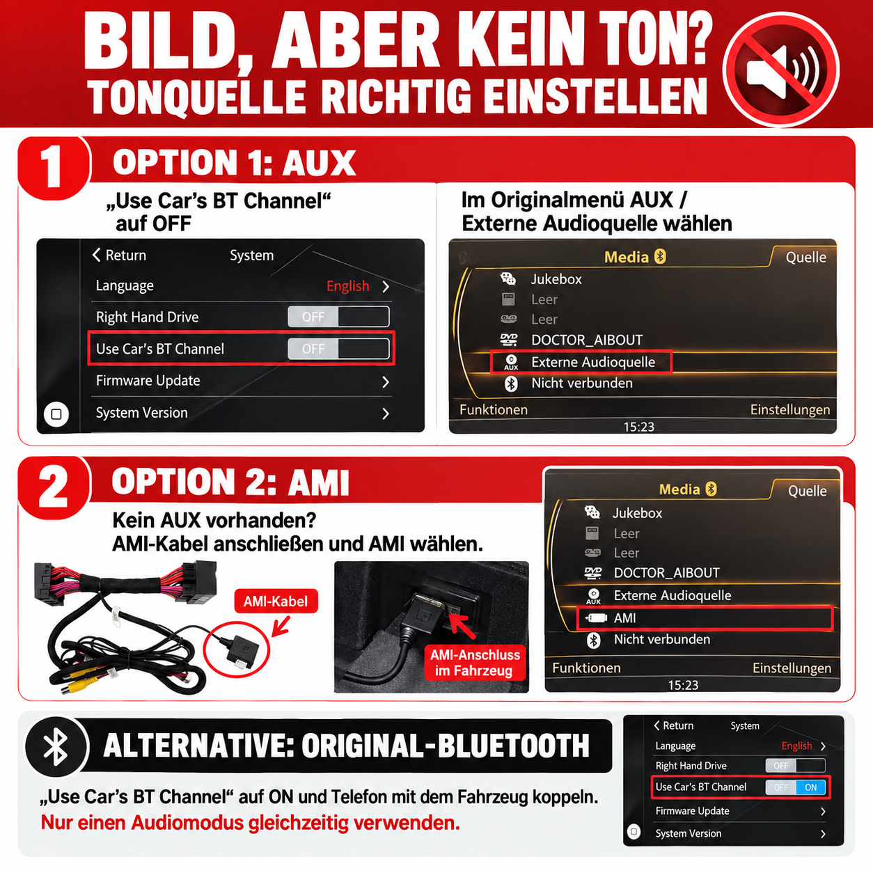 Anleitung zur Audiokonfig im Auto mit AUX, AMI oder Bluetooth Optionen.