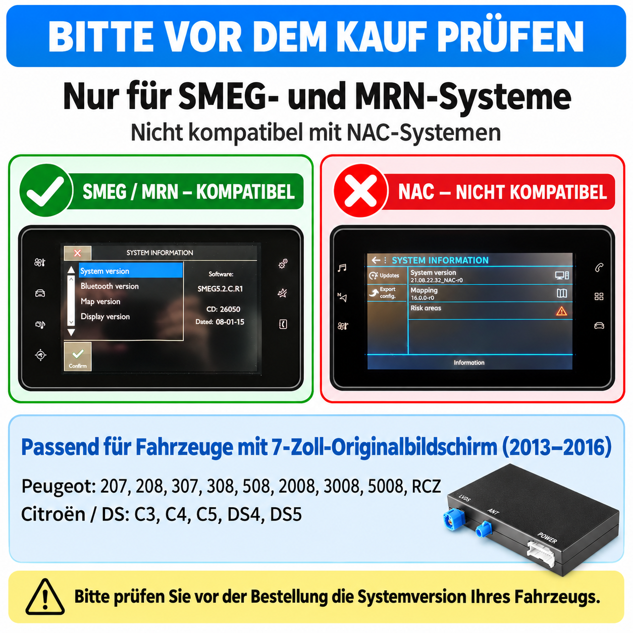 Kompatibilitätsübersicht für SMEG- und MRN-Systeme in Peugeot- und Citroën-Fahrzeugen.