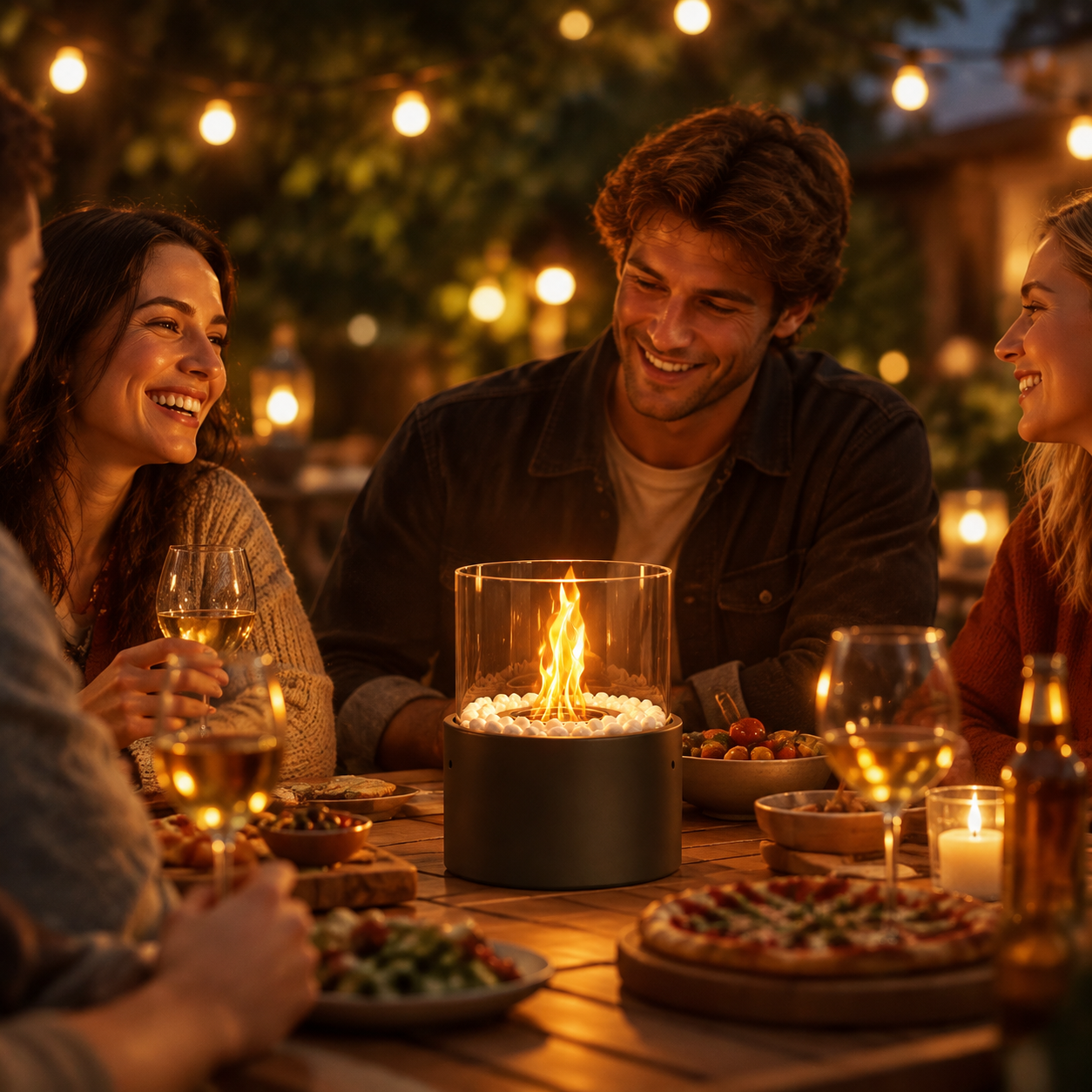 Freunde genießen ein Abendessen im Freien an einem Tisch mit kleinem Glas-Kamin, Pizza und Weingläsern.