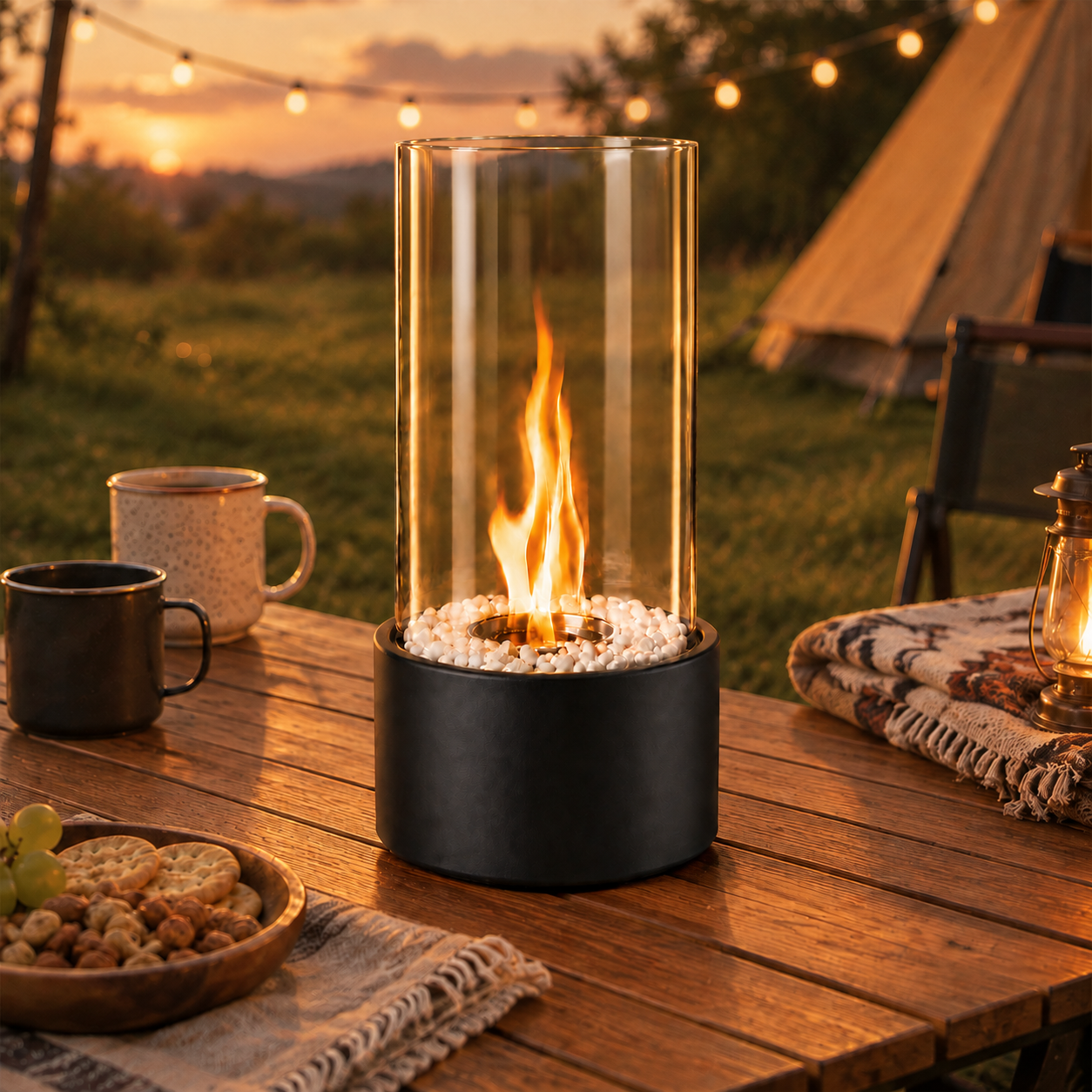 Eine Tischfeuerstelle mit Glaszylinder und Flammen brennt auf einem Holztisch beim Camping bei Sonnenuntergang.
