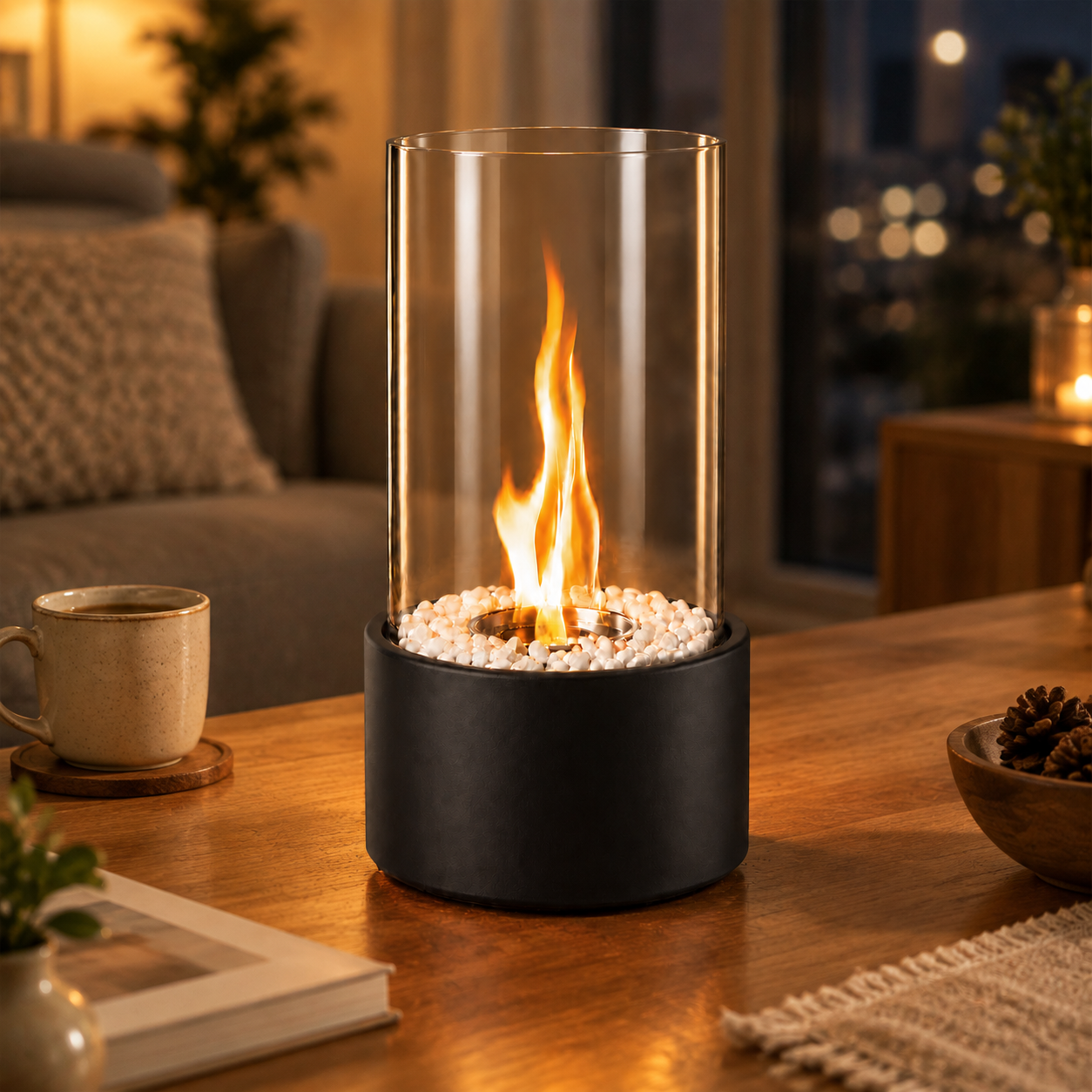 Eine kleine Tischfeuerstelle mit Glaszylinder und weißen Steinen brennt auf einem Holztisch in einem Wohnzimmer.
