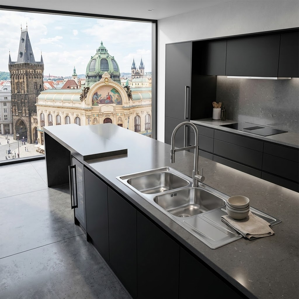 Moderna cucina scura con grande isola e lavandino, con una grande finestra sulla città storica.