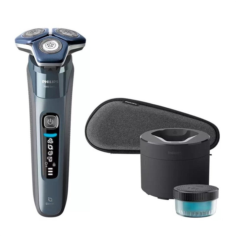 Rasoio Philips serie 7000 blu, base di pulizia, cartuccia e custodia grigia.