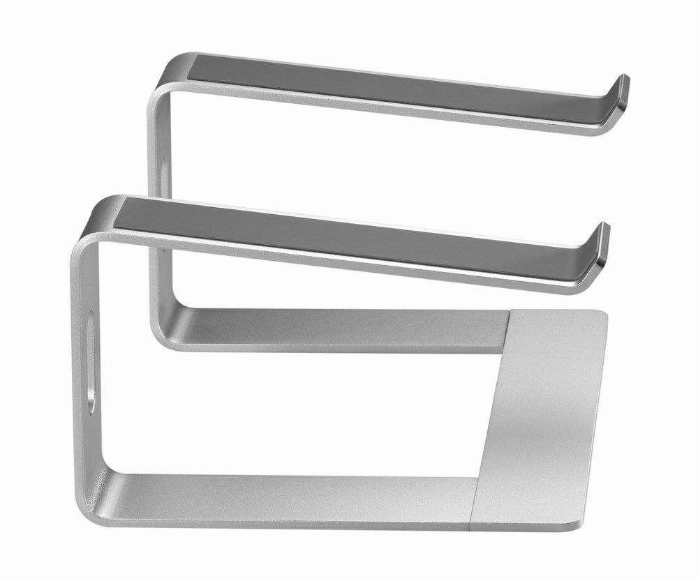 Zwei silberne Laptop-Ständer aus Metall mit Antirutsch-Pads auf weißem Grund.