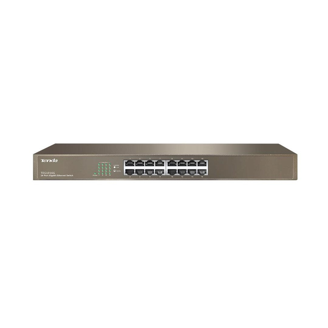 Birden çok RJ45 bağlantı noktası ve LED durum ışığına sahip gri bir Tenda 16 bağlantı noktalı Gigabit Ethernet anahtarı.