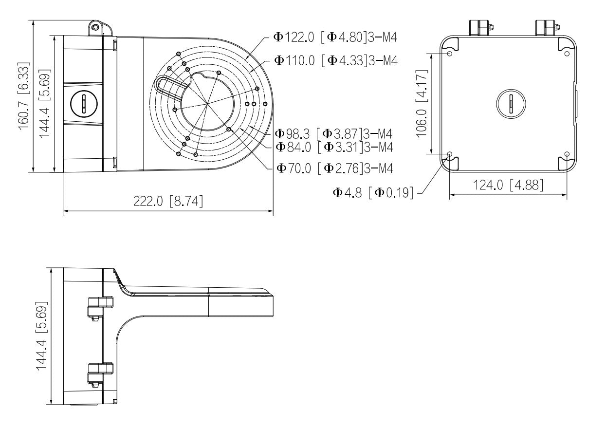 Disegno tecnico con dimensioni per una staffa di montaggio.