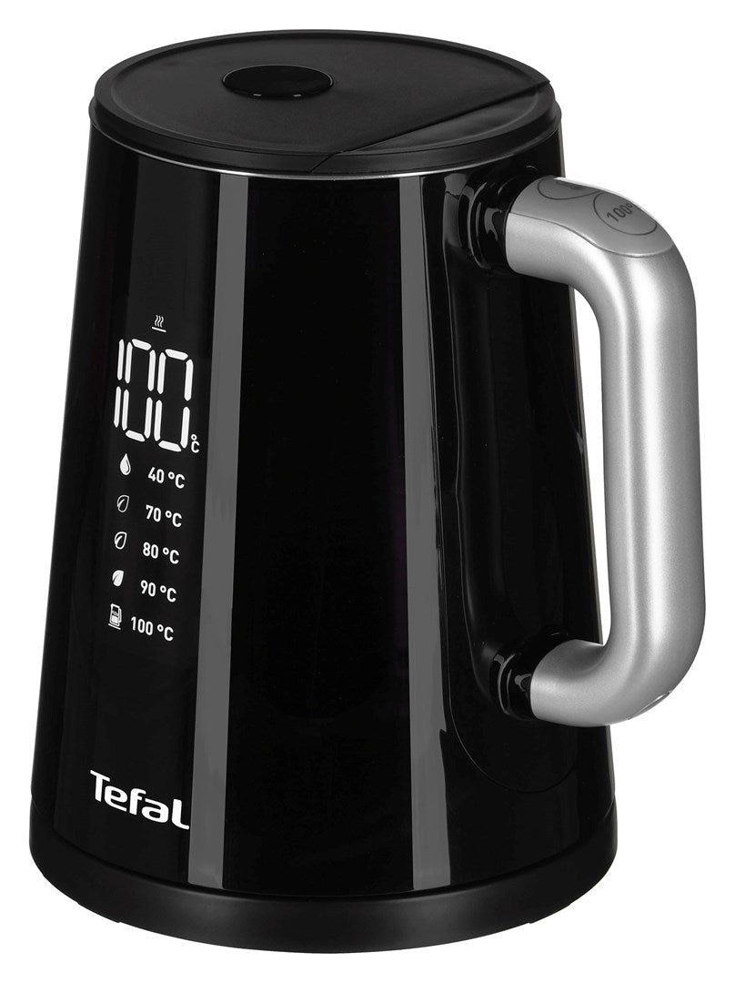 Un hervidor eléctrico Tefal negro con pantalla digital de temperatura y asa plateada sobre fondo blanco.