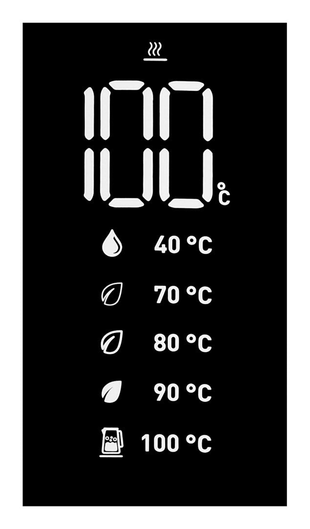 Pantalla negra con iconos y números blancos para la selección de temperatura de 40 a 100 grados Celsius.