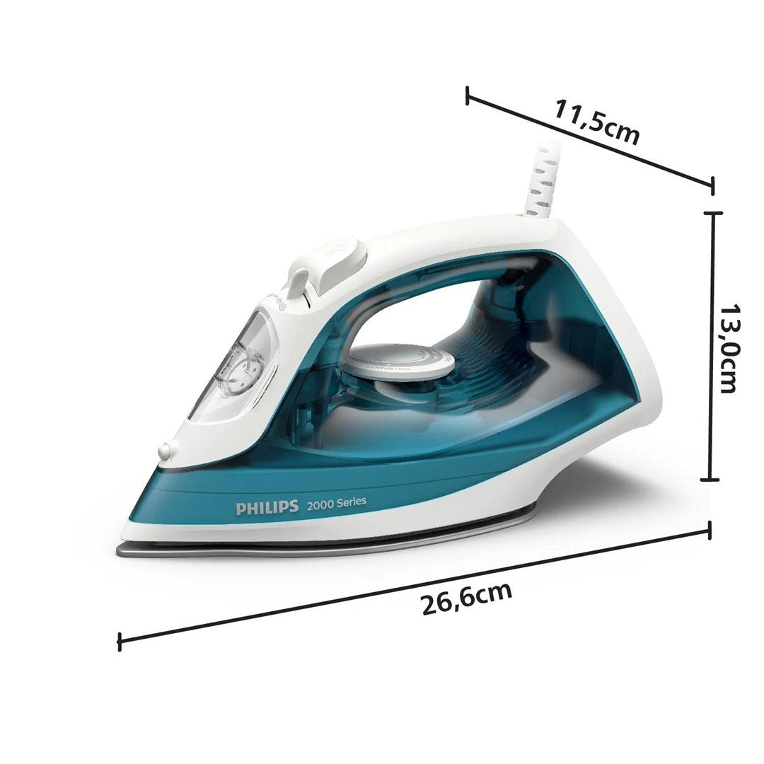 Biało-turkusowe żelazko Philips Seria 2000 o wymiarach 26,6 cm, 13,0 cm i 11,5 cm.