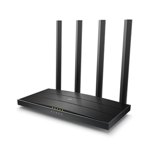 Un router Wi-Fi nero con quattro antenne verticali e piccole spie di stato gialle.