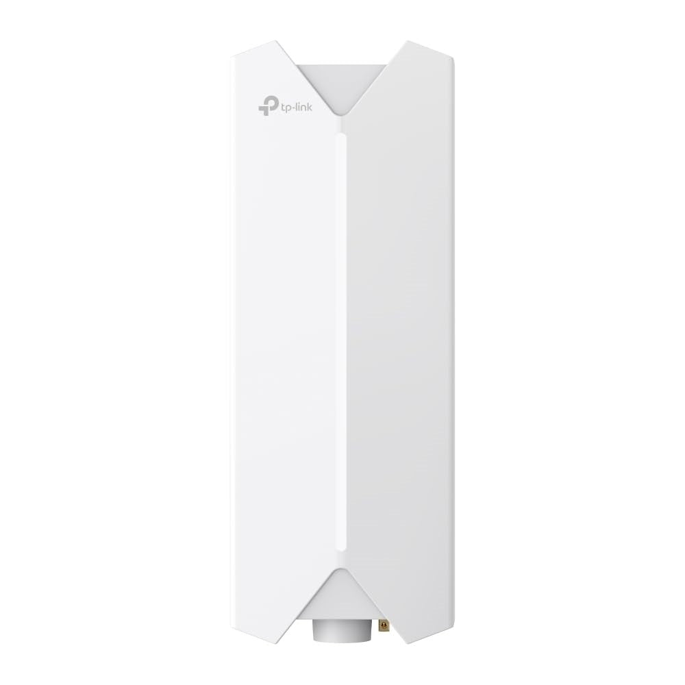 Ein weißer, vertikaler TP-Link WLAN-Router mit integrierter LED und Markenlogo auf weißem Hintergrund.