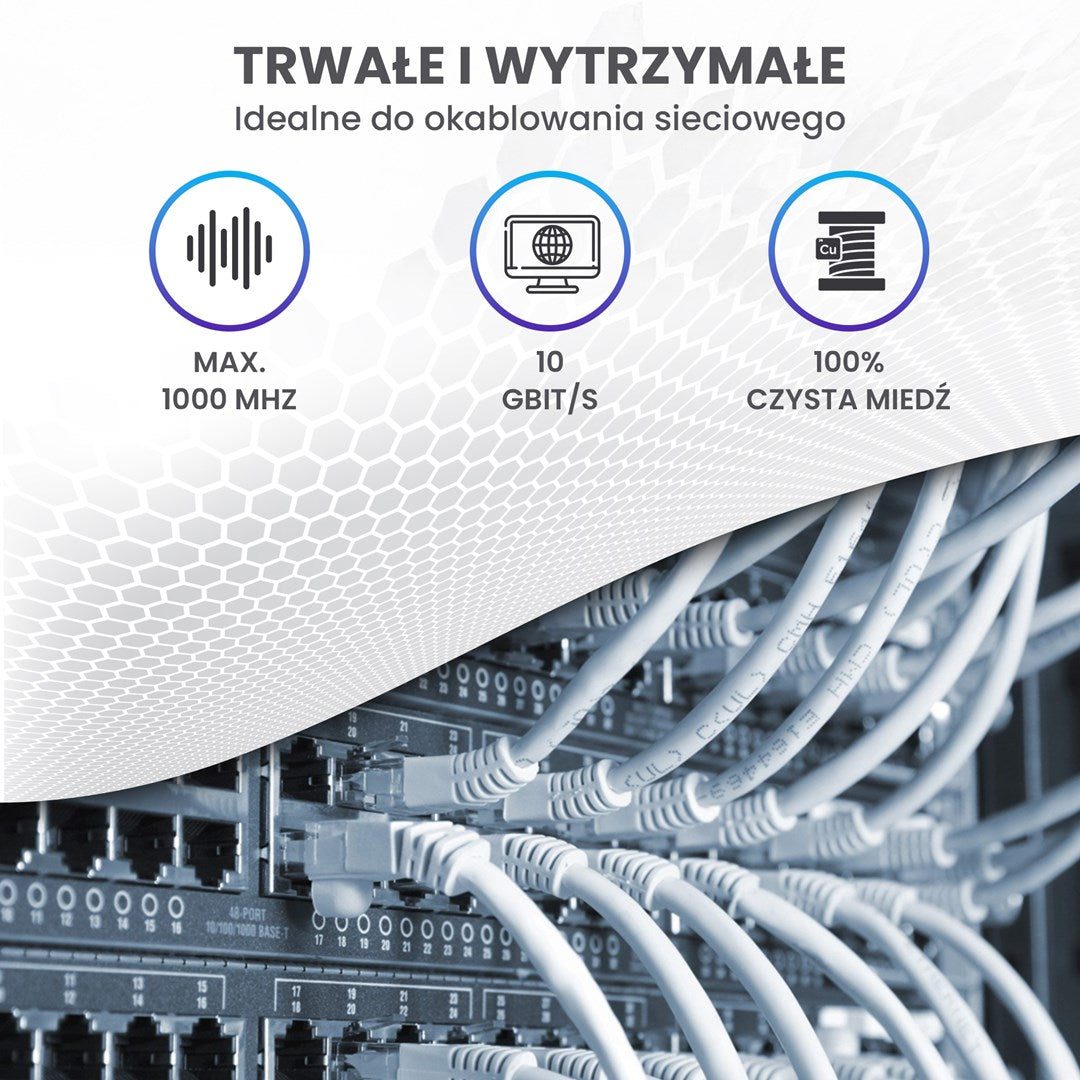 Kable sieciowe w szafie serwerowej z ikonami cech: 1000 MHz, 10 Gbit/s i czysta miedź.